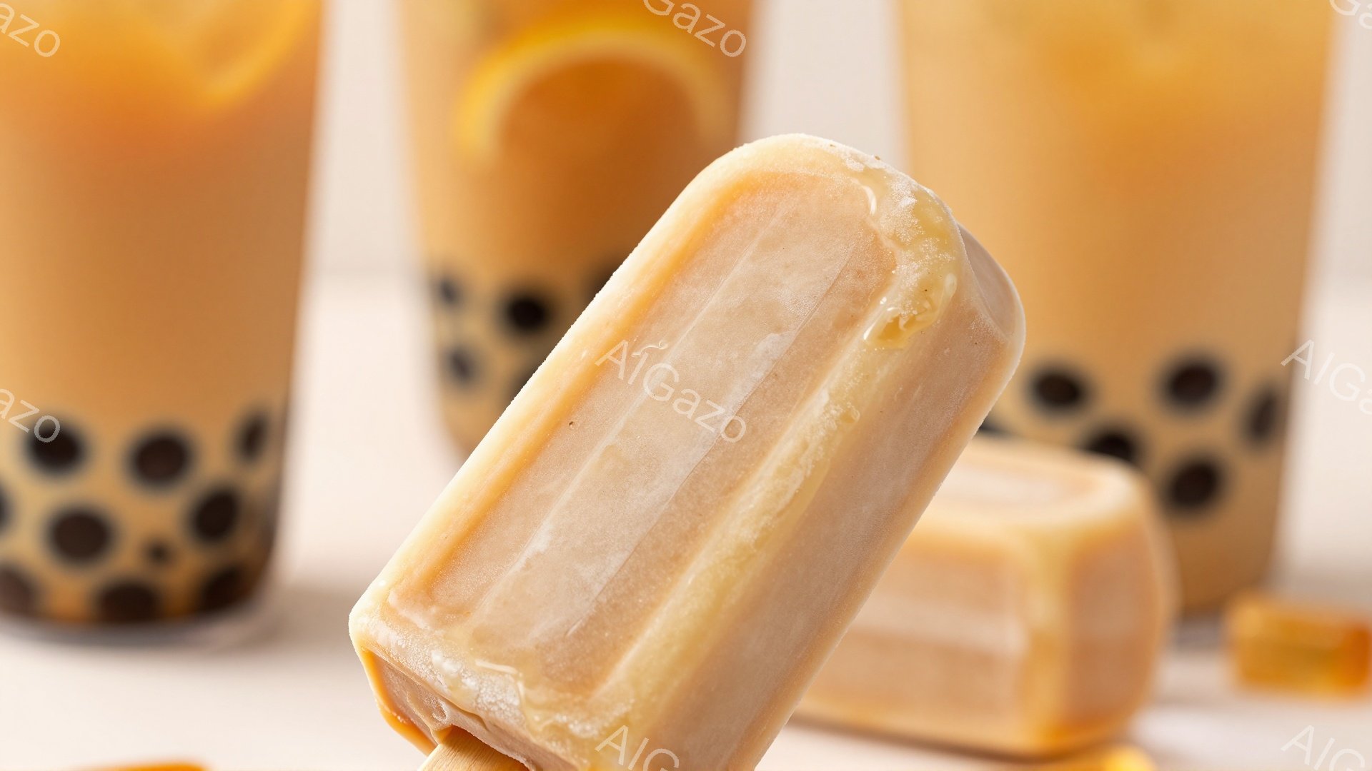 焦点はキャラメル色の棒アイスクリームに当てられており、半透明で少しとろけているように見える。背景には、タピオカミルクティーと思われる飲み物と、同じアイスクリームの小さな角がぼんやりと見え、白い表面が全体を明るく照らしている。全体的に、温かく甘い雰囲気で、夏のデザートを連想させる。