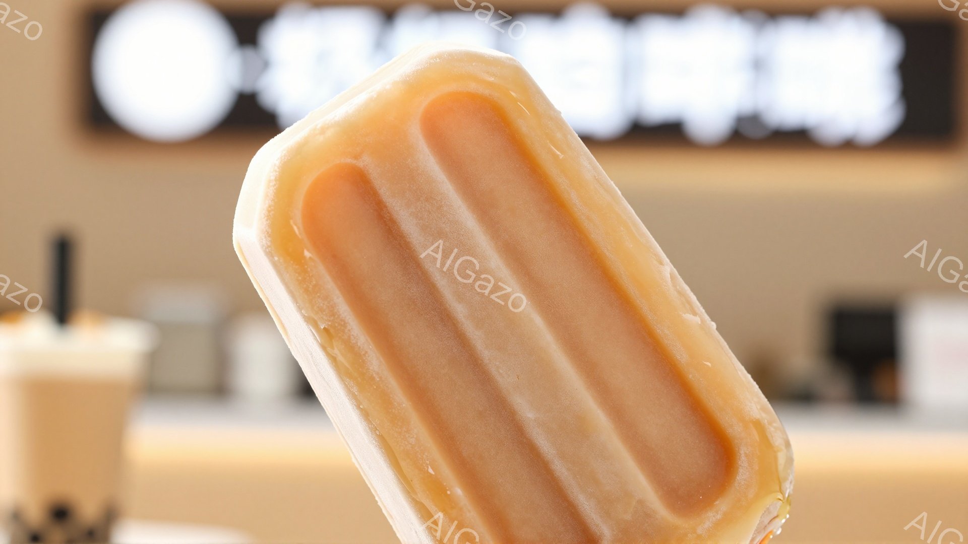 鮮やかなオレンジ色の氷菓が画面いっぱいに大きく写っている。表面には細かい霜が付き、冷たくて美味しいことが想像できる。背景にはぼやけたカフェのような空間があり、飲み物のグラスが見える。