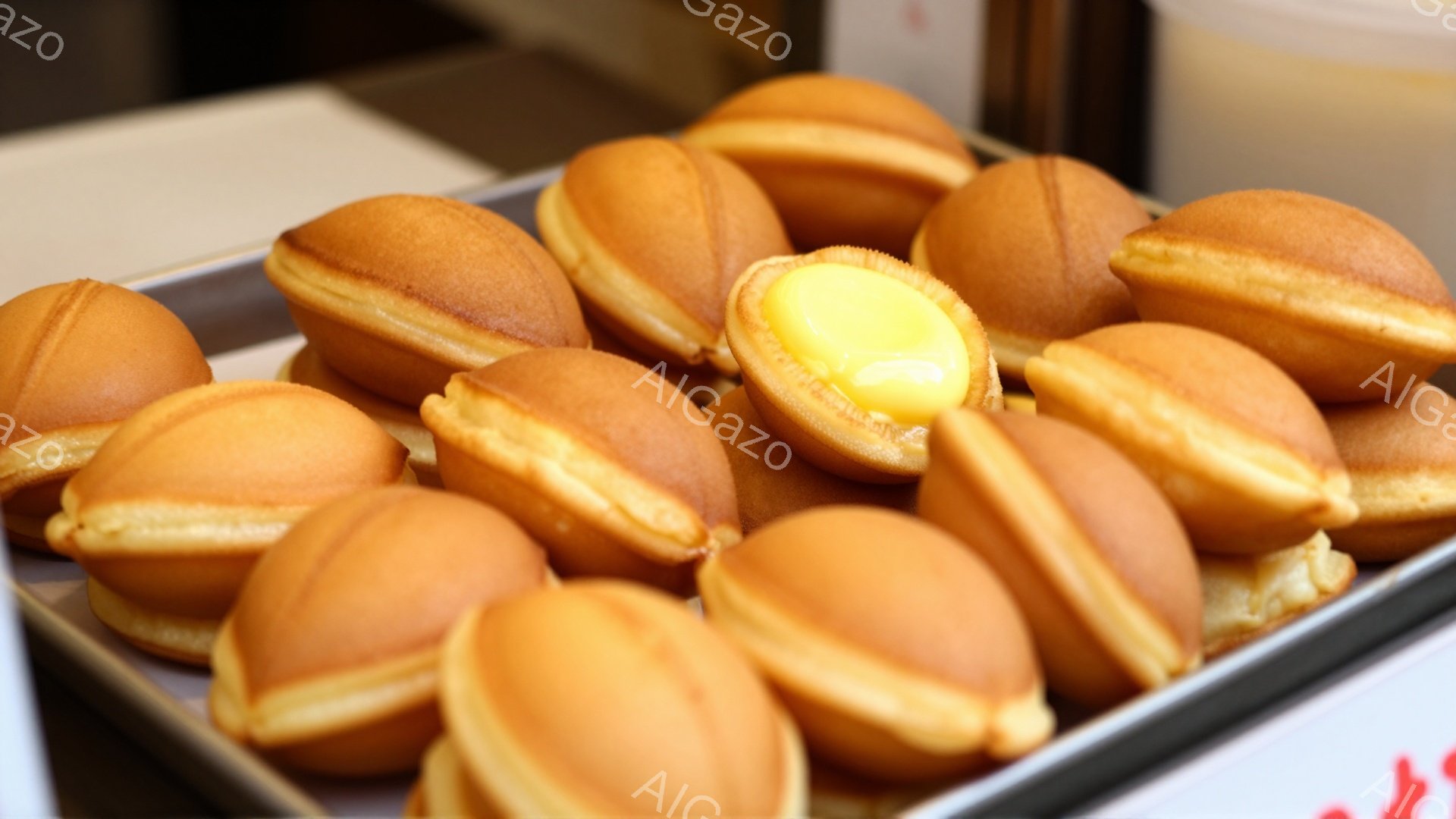 画像には、焼き色がつき、丸い形をしたたい焼きが金属製のトレイにたくさん並べられています。一つだけ開いていて、中から黄色いあんこの様子が見えます。背景はぼやけていますが、赤い看板の一部が見え、屋台やお店 - AI生成フリー素材