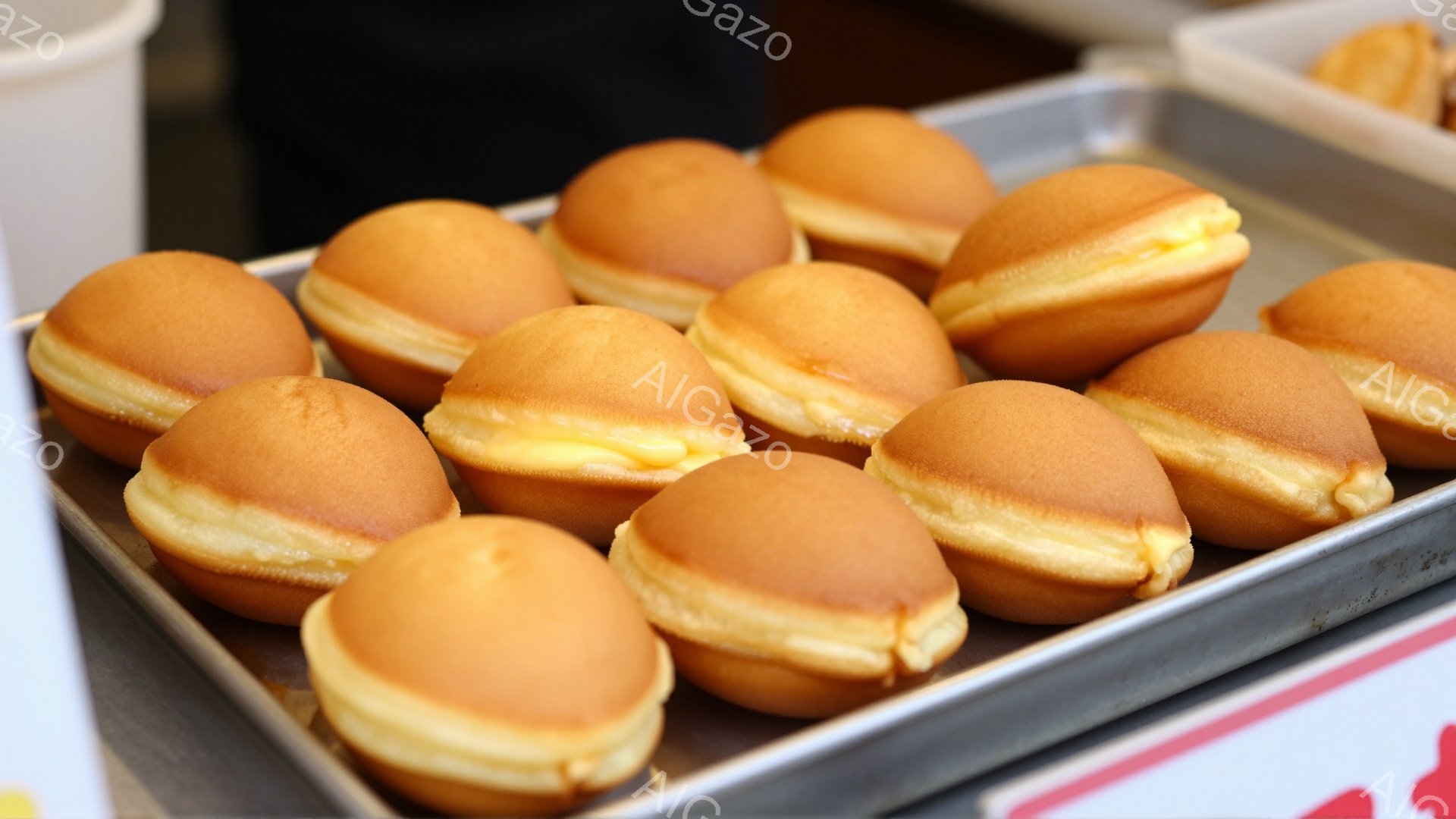 鉄板の上に、丸くて茶色い鯛焼きがぎっしりと並んでいます。それぞれの鯛焼きからは、熱いあんこが少し漏れ出しており、美味しさを予感させます。背景にはぼやけた白い容器や赤い装飾が見え、屋台や軽食店の風景を連想させます。