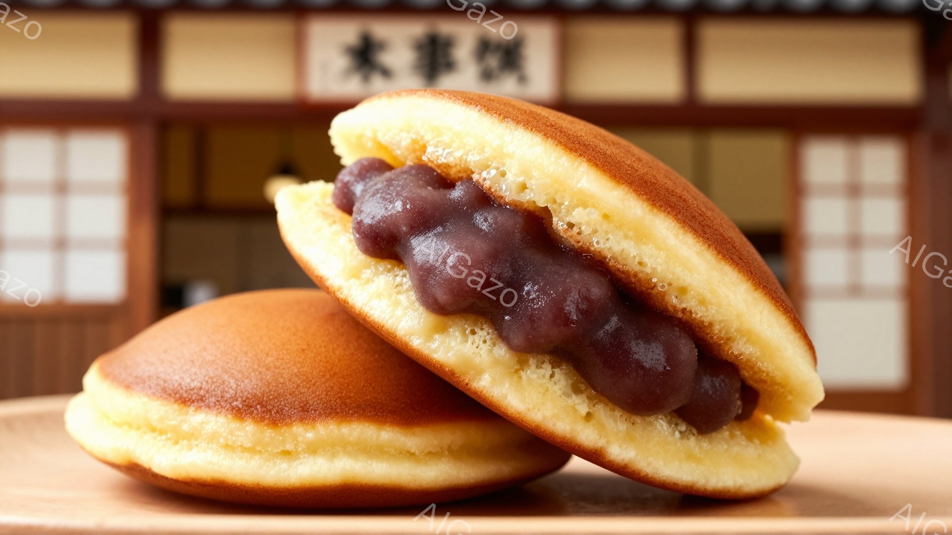 画像には、あんこを挟んだ太鼓焼きが2つ、木製の台の上に置かれています。奥には、提灯や格子戸のある和風の建物が見え、和菓子屋を思わせる雰囲気が漂っています。太鼓焼きはふっくらと焼き色がついており、美味しそうに見えます。