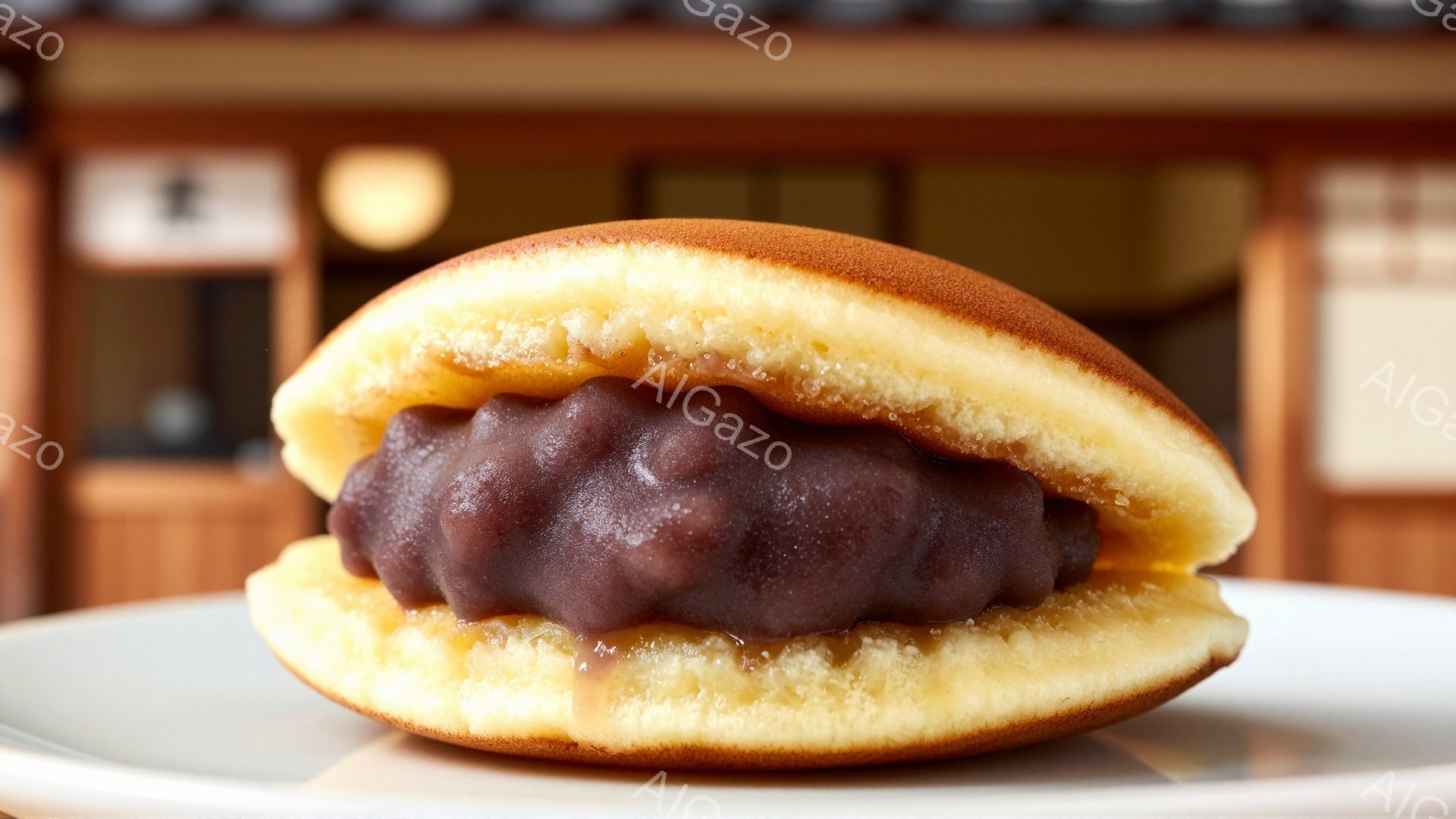 焼き色が薄い、ふっくらとしたたい焼きが白い皿の上に置かれています。中には、甘納豆のような粒状の餡がたっぷり詰まっており、表面にわずかな光沢が見られます。背景にはぼやけた木製の壁と柔らかな光があり、暖かく落ち着いた雰囲気を醸し出しています。