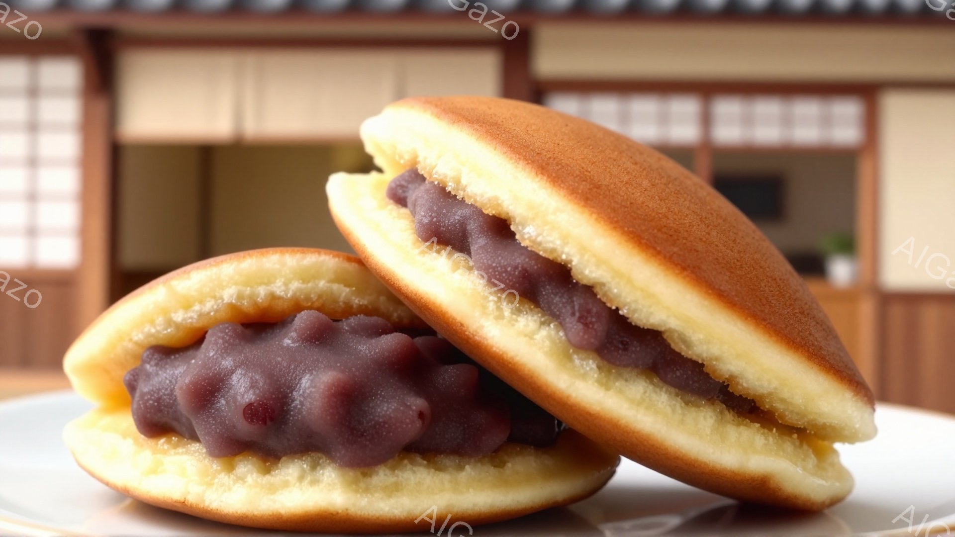 ２つの人形焼が白い皿の上に並べられています。人形焼は黄金色で、中には餡がたっぷり詰まっており、甘くておいしそうな印象を与えます。背景には、木製の格子模様の壁とぼやけた室内が見え、和風の落ち着いた雰囲気 - AI生成フリー素材