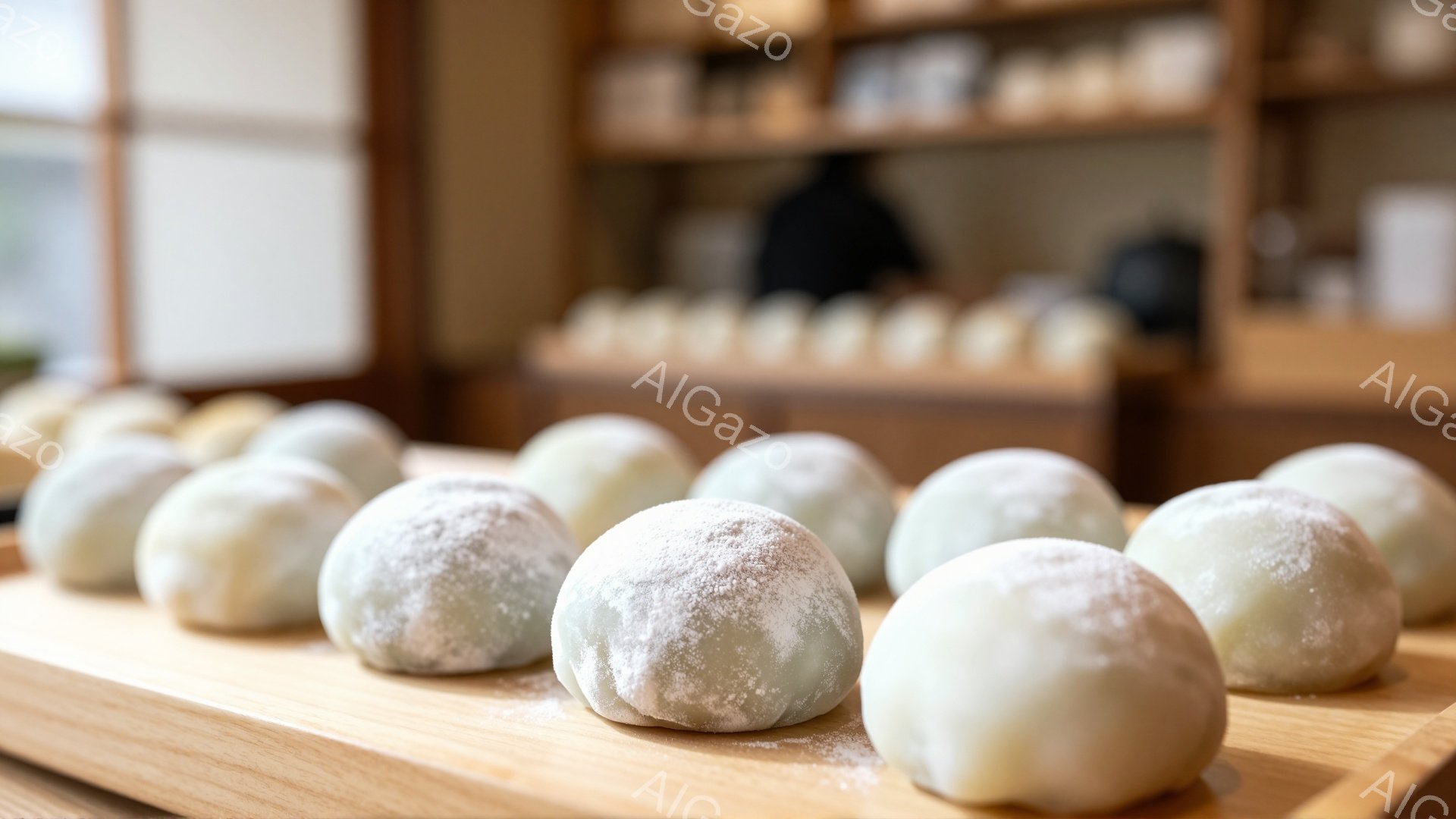 柔らかい緑色の粉砂糖をまぶした、ふっくらとした団子が木製のプレートの上に並べられています。背景にはぼやけた棚と、何やら作業をしている人物のシルエットが見えます。全体的に穏やかで、どこか懐かしい雰囲気を感じさせます。