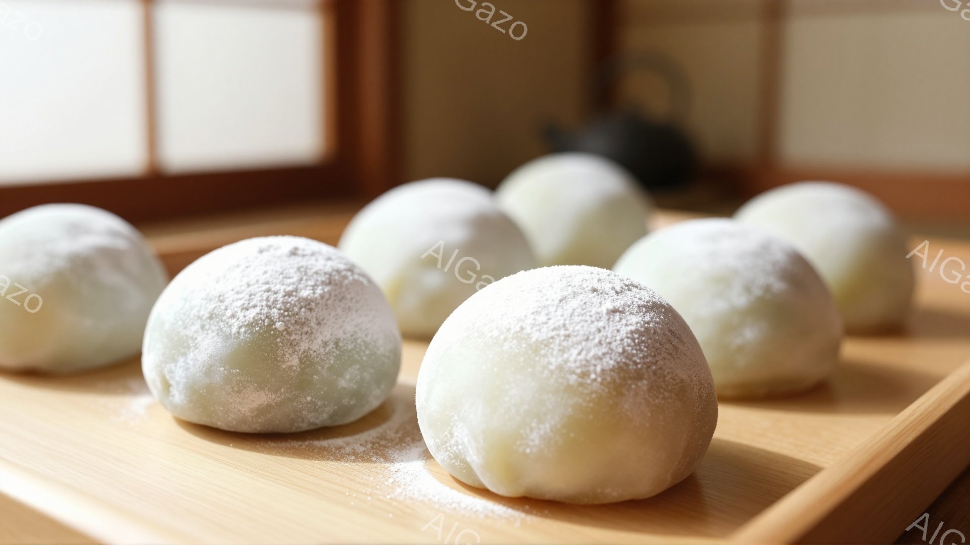 白玉粉をまぶした団子が、木製の盆に並べられています。背景にはぼやけた和室の一部が見え、穏やかで落ち着いた雰囲気が漂っています。柔らかい光が団子を照らし、上品で美味しそうな印象を与えます。