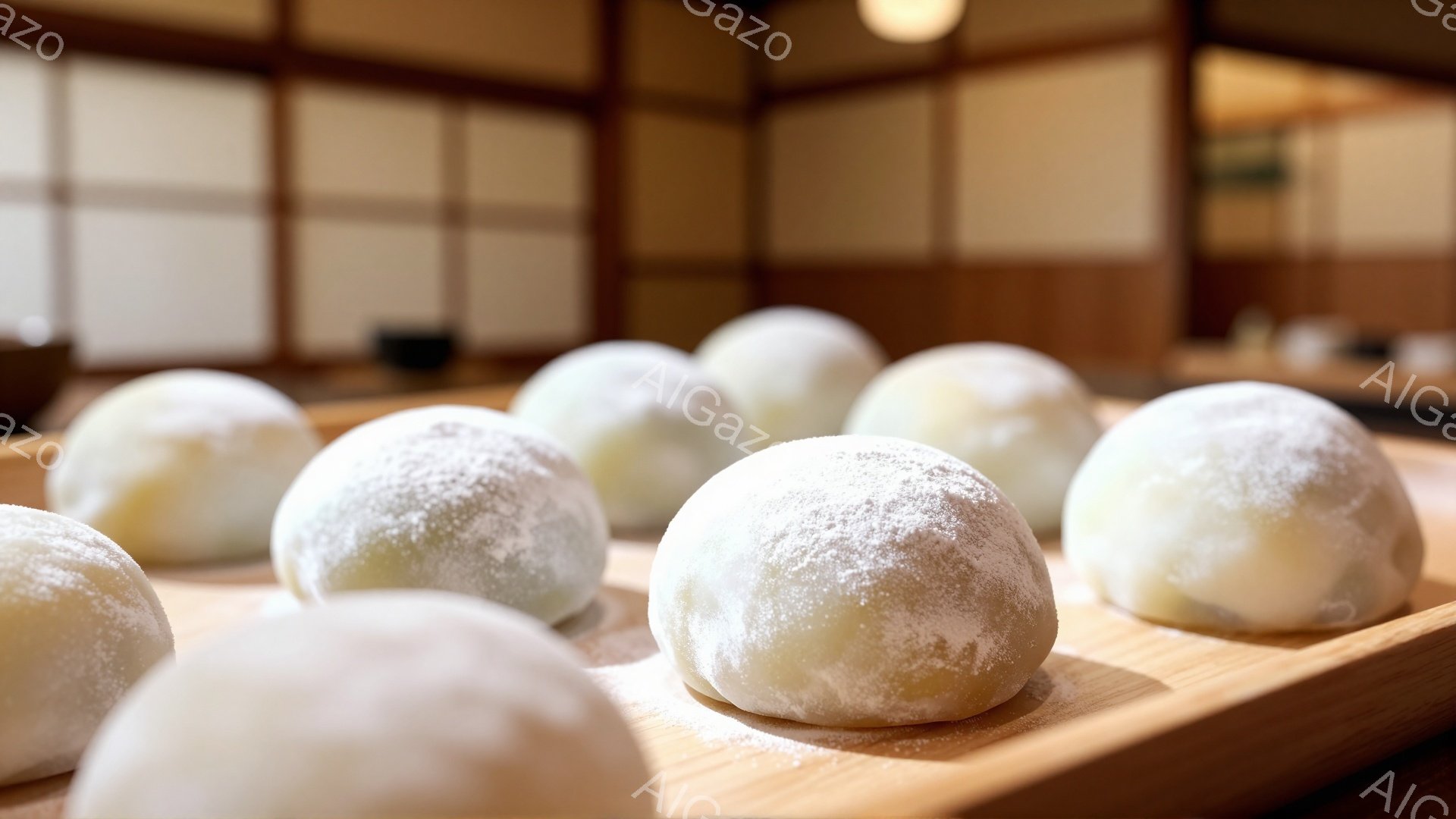 白玉粉をまぶしたふっくらとした団子が、木製の盆に並べられています。背景にはぼんやりと木製の壁や棚が見え、落ち着いた和の雰囲気が漂っています。全体的に暖色系の色調で、柔らかく優しい印象を与えます。