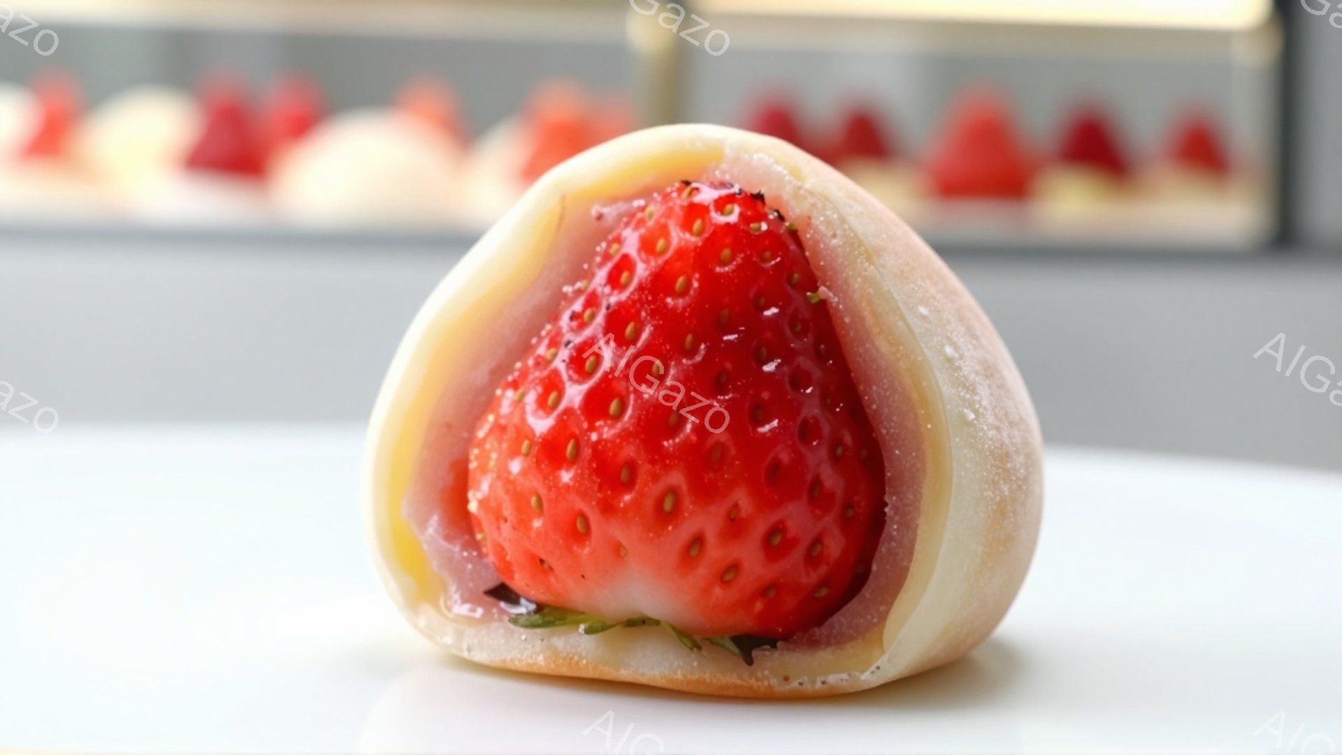 鮮やかな赤色のいちごが、薄いクリーム色の生地で包まれています。いちごは瑞々しく、緑色の葉が添えられており、まるで宝石のような美しさです。背景には、同様のいちごを使った他のスイーツがぼんやりと見え、上品で洗練された雰囲気を醸し出しています。