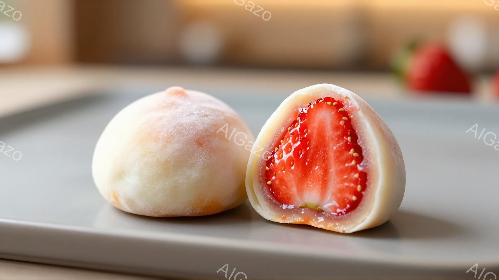 白くて丸い和菓子が2つ、灰色の皿の上に並んでいる。一つは全体が白く、もう一つは半分に切られて、赤いあんと小さな黒い種が見える。背景はぼかされており、柔らかく暖かい雰囲気で、お菓子が引き立っている。