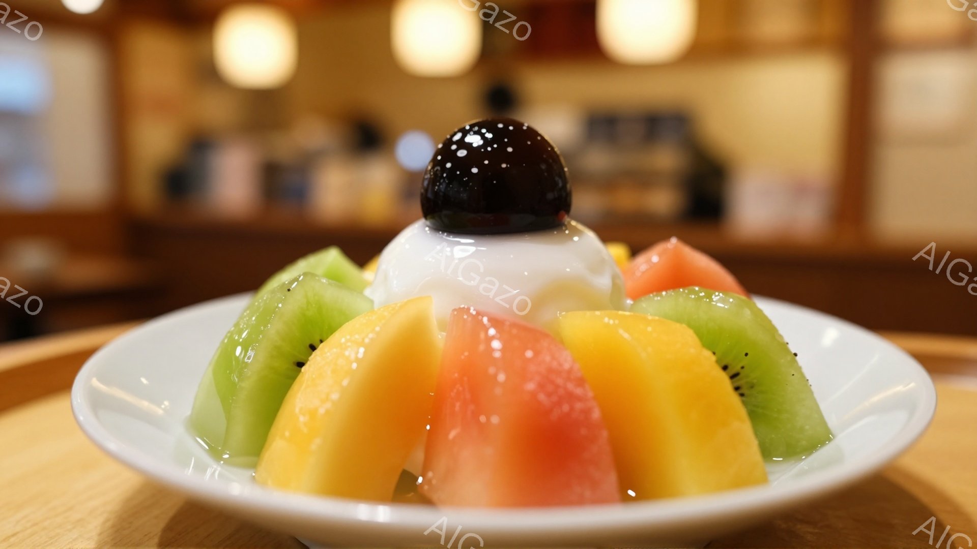 白い皿の上に、メロン、キウイ、オレンジのスライスが並べられ、その上に白いクリームと黒いゼリーが乗ったデザートが写っている。背景はぼやけており、温かい色の照明が照らされているのがわかる。全体的に、甘くて - AI生成フリー素材