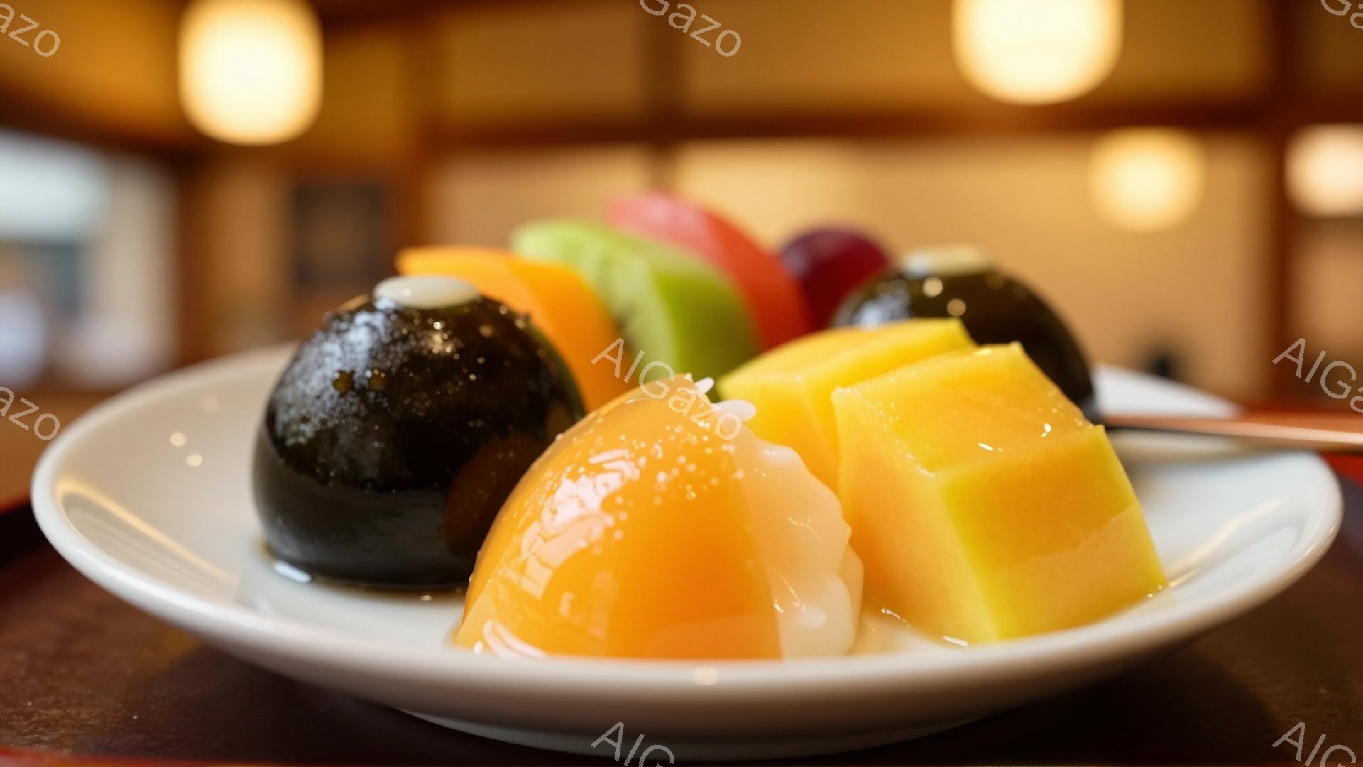 白い皿の上に、黒い水羊羹、オレンジ色のゼリー、黄色い寒天、そして数種類のフルーツが並べられています。フルーツは、みかん、りんご、ぶどうなど、色とりどりのものが使われており、全体的に上品で涼しげな印象を与えます。背景はぼやけていますが、和室の一部がうかがえ、落ち着いた雰囲気の中に、日本の伝統的なお菓子の美しさが際立っています。