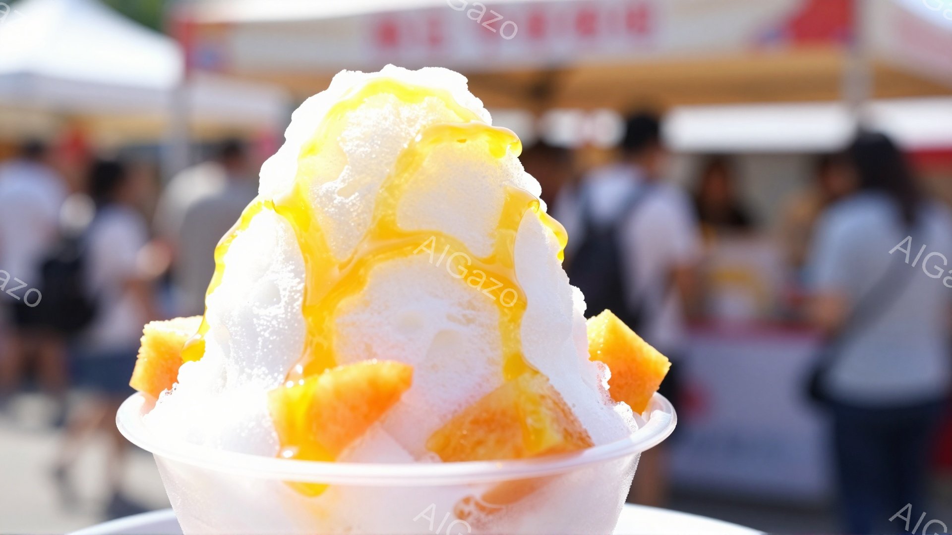 白いプラスチック製の器に盛られたかき氷が写っている。黄色いマンゴーソースと角切りマンゴーが添えられ、見た目も鮮やかで美味しそうだ。背景には、屋台が並ぶイベント会場のような場所がぼやけて写り、夏の賑やか - AI生成フリー素材