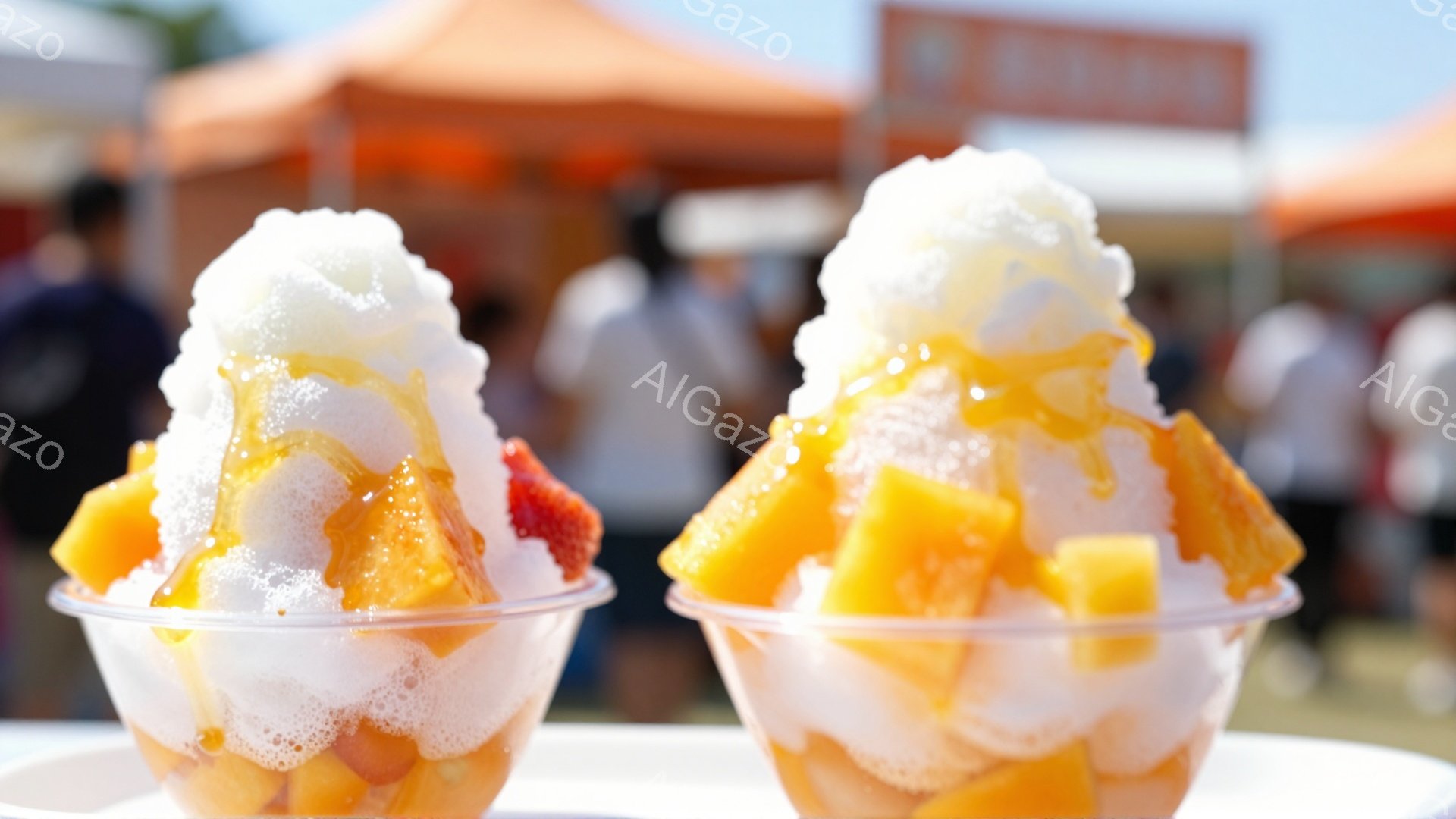 白く削った氷に、角切りにしたマンゴーとイチゴが盛られたかき氷が二つ、白い皿の上に並んでいる。背景には、オレンジ色の屋根の屋台が並び、緑の芝生が広がり、晴れた空が広がっている。全体的に、夏祭りやイベントのような、明るく活気のある雰囲気が感じられる。