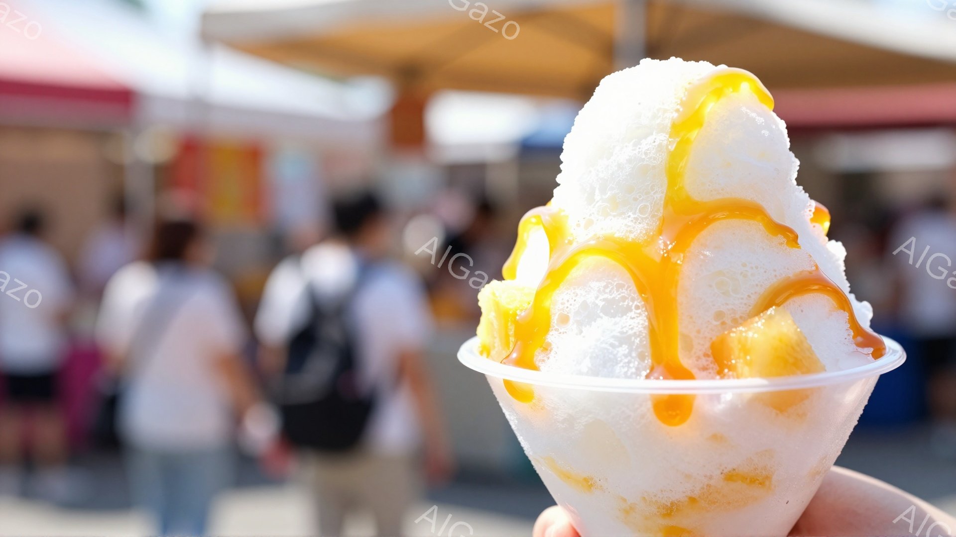 容器の中に盛られたふわふわの白くて冷たいかき氷が中央にあり、その上にはとろりとしたオレンジ色のシロップがかけられています。背景はぼやけており、人々や屋台が見え、屋外の賑やかなイベント会場のようです。全体的に夏の暑さを和らげる冷たいデザートを楽しむ、活気のある陽気な雰囲気が感じられます。
