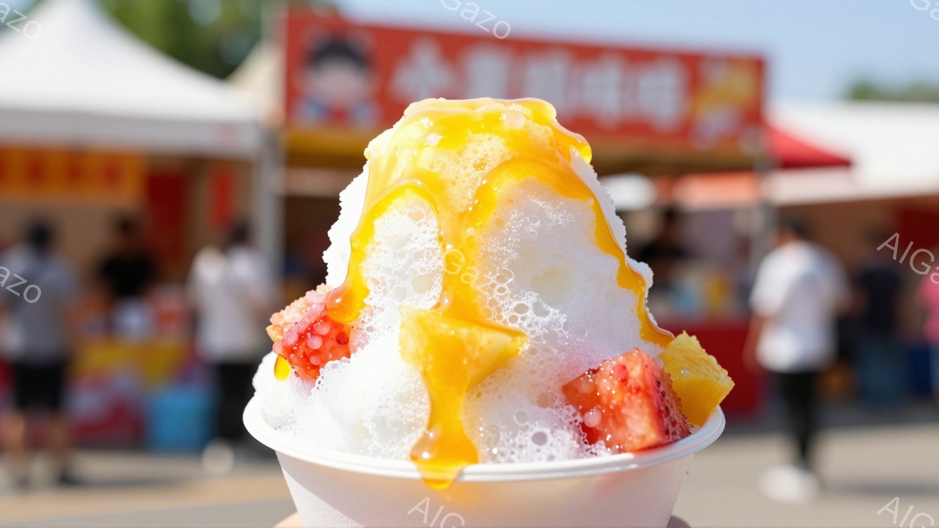 白い紙コップに盛られたかき氷が写っている。黄色い蜜がたっぷりとかけられ、その周りにはカットされたイチゴとパイナップルが飾られている。背景には、色とりどりのテントや人々が見え、賑やかなお祭りの雰囲気が感じられる、晴天の日の様子だ。