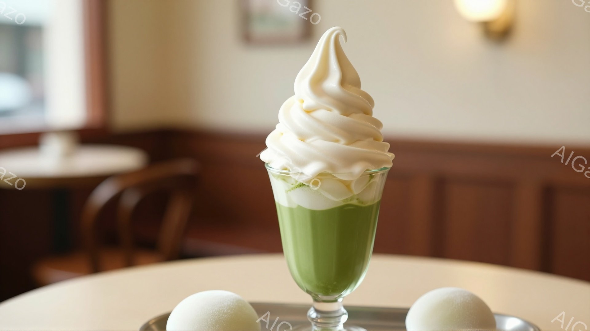 抹茶色のソフトクリームがグラスの中で高く盛り付けられ、その上に白いソフトクリームが螺旋状に重ねられています。背景には木製のテーブルと椅子が見え、落ち着いた暖色系の室内で、上品で甘いデザートの時間が演出されています。トレイの上には、白い丸いお団子が2つ添えられています。