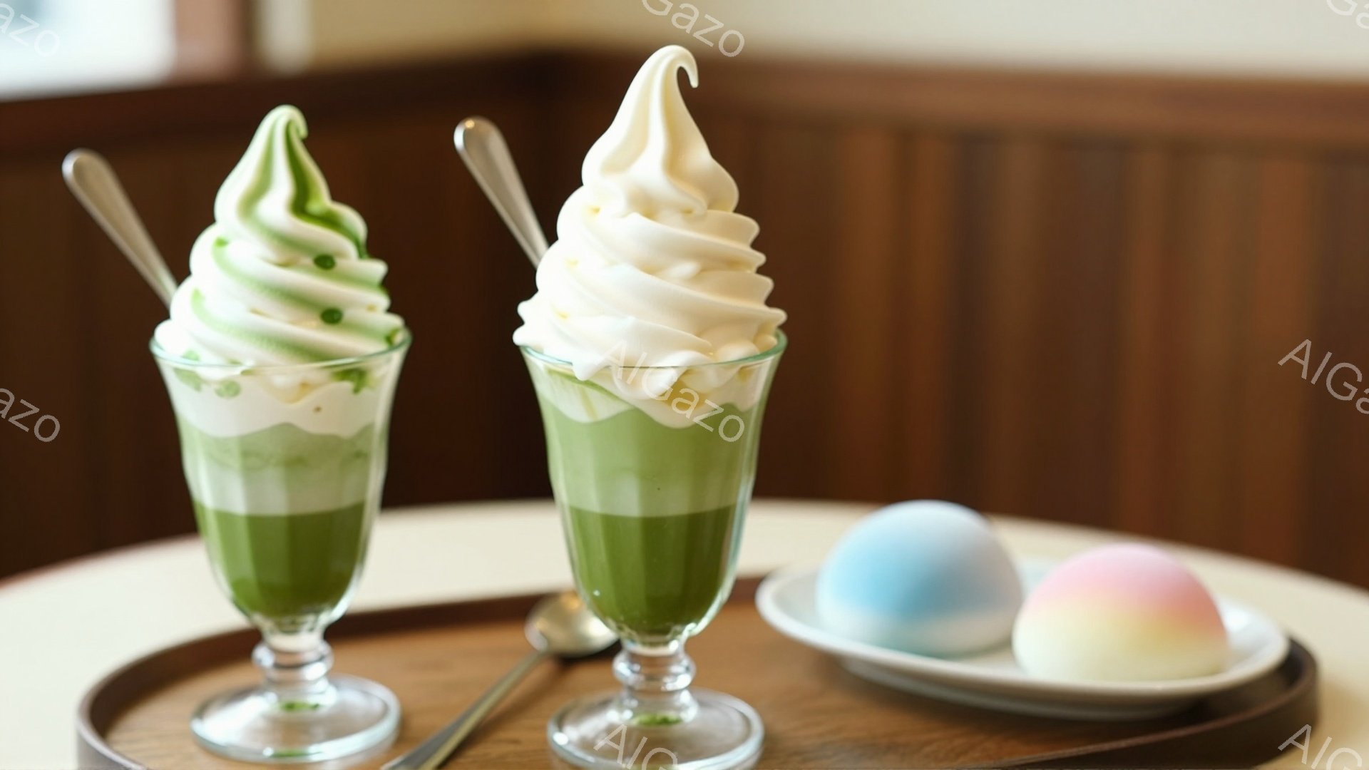 鮮やかな緑色の抹茶ソフトクリームと、白いソフトクリームがグラスの中で高く盛り付けられています。背景には、薄い水色とピンク色の和菓子が添えられたお皿が見え、木製のトレイの上に置かれています。全体的に明るく、美味しさを引き立てるような優しい雰囲気です。