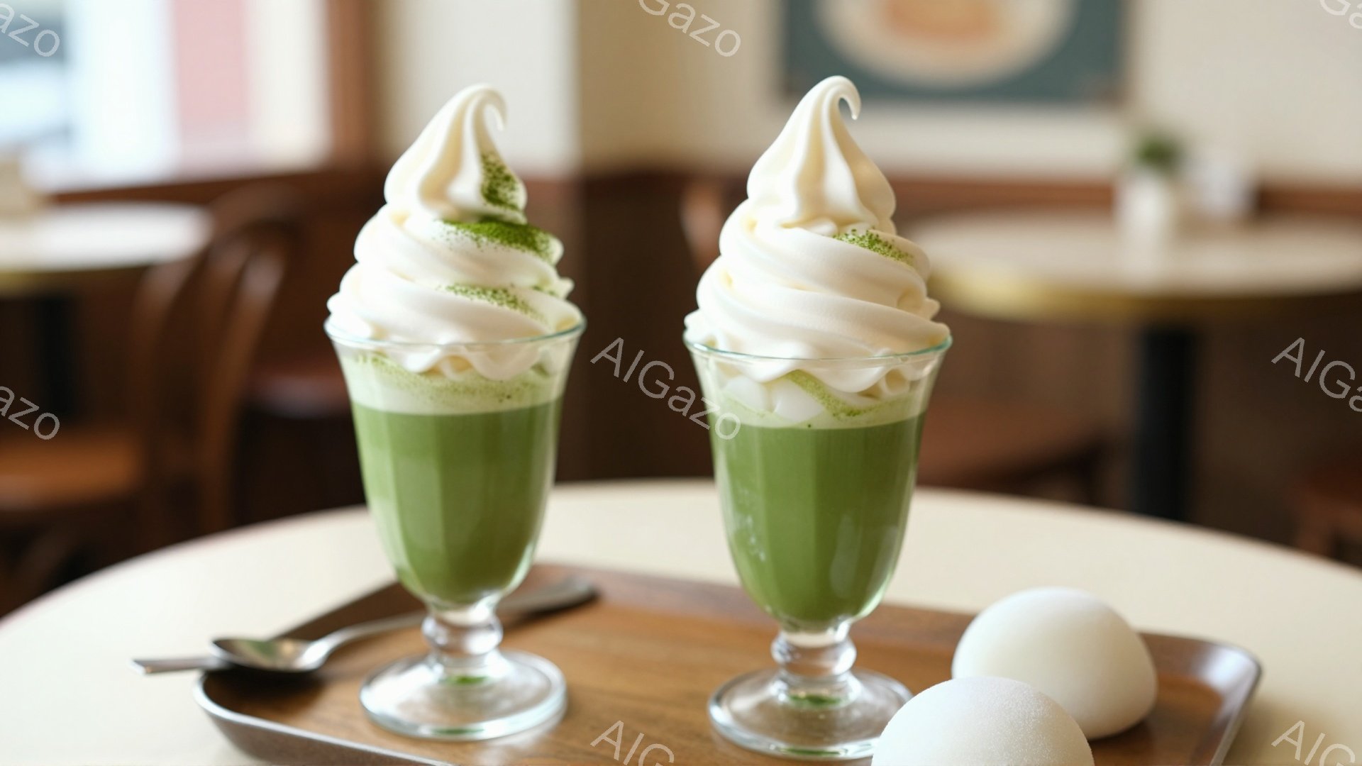 抹茶色のソフトクリームが2つ、背の高いグラスに入ってテーブルの上に並んでいます。クリームはふっくらとしており、上には抹茶パウダーが振りかけられています。背景には、木製のテーブル、椅子、そしてわずかにぼやけた室内が確認でき、落ち着いた雰囲気です。
