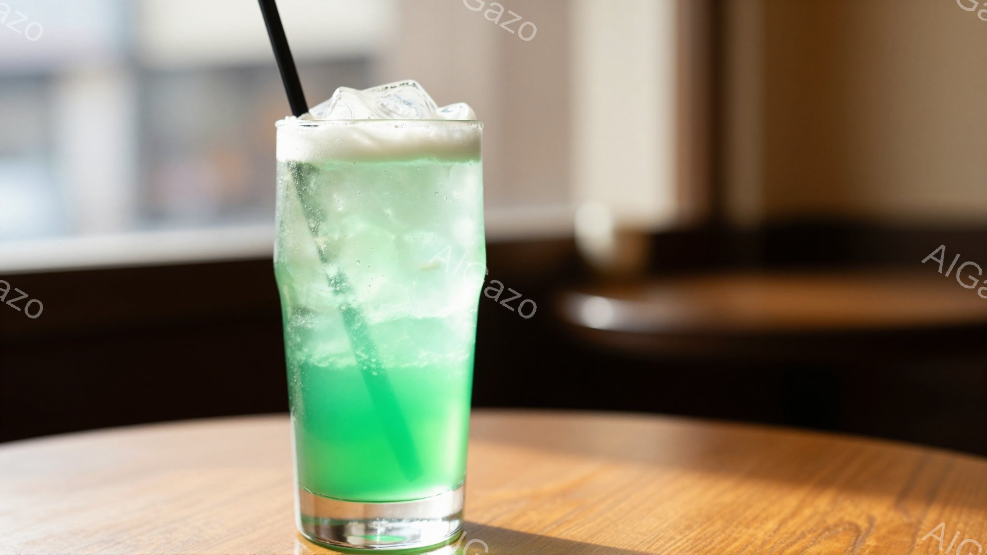 透明なグラスに、鮮やかなターコイズブルーのドリンクが注がれており、グラスの上部には砕いた氷がたっぷり入っている。ドリンクは泡立ちがあり、ストローが差し込まれている。背景にはぼやけた木製のテーブルと窓が見え、光が差し込んでいることから晴れた日の様子が伺える。