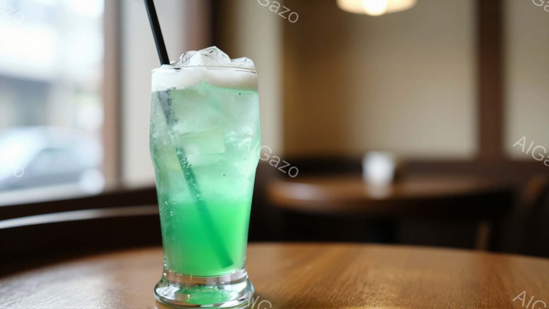 テーブルの上に緑色の泡が入ったグラスが置かれています。グラスにはストローが挿されており、氷がたっぷり入っています。背景は少しぼやけていますが、カフェのような落ち着いた雰囲気の室内であることがわかります。