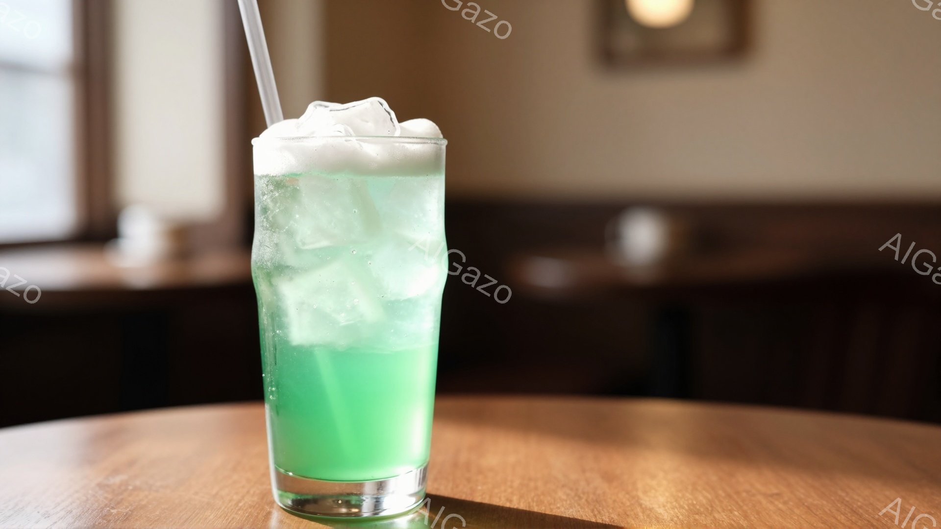 薄緑色の飲料が、氷と泡で満たされたグラスに入れられ、木製のテーブルの上に置かれています。背景にはぼやけた茶色のブース席と、壁に掛けられた絵が見え、暖かく落ち着いた雰囲気です。光は柔らかく、飲み物の鮮やかな色が際立っています。