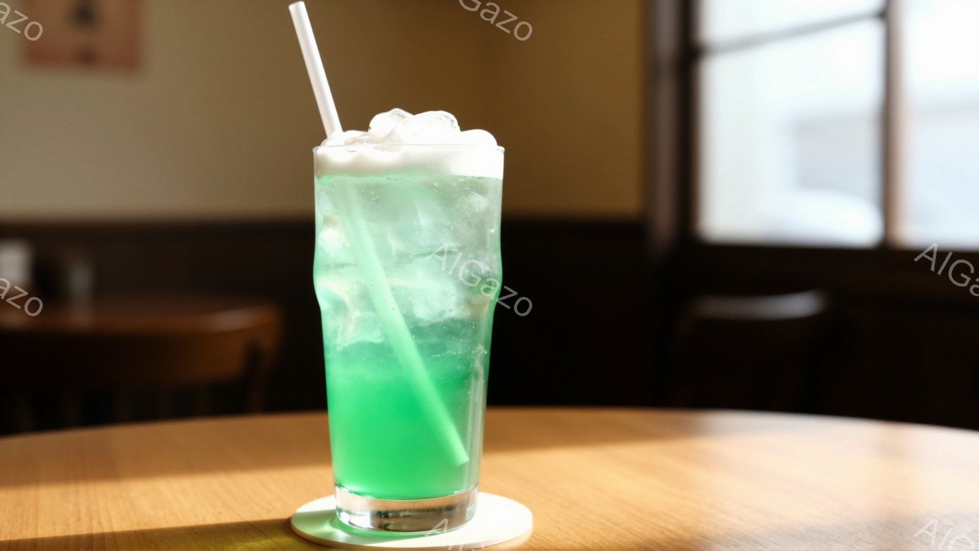 鮮やかなターコイズブルーのドリンクが、丸い木製のテーブルに置かれた白いコースターの上に立っている。グラスには氷がたっぷり入り、発泡性の液体で覆われており、ストローが挿さっている。背景はぼやけているが、窓からの自然光が差し込み、穏やかで落ち着いた雰囲気を作り出している。