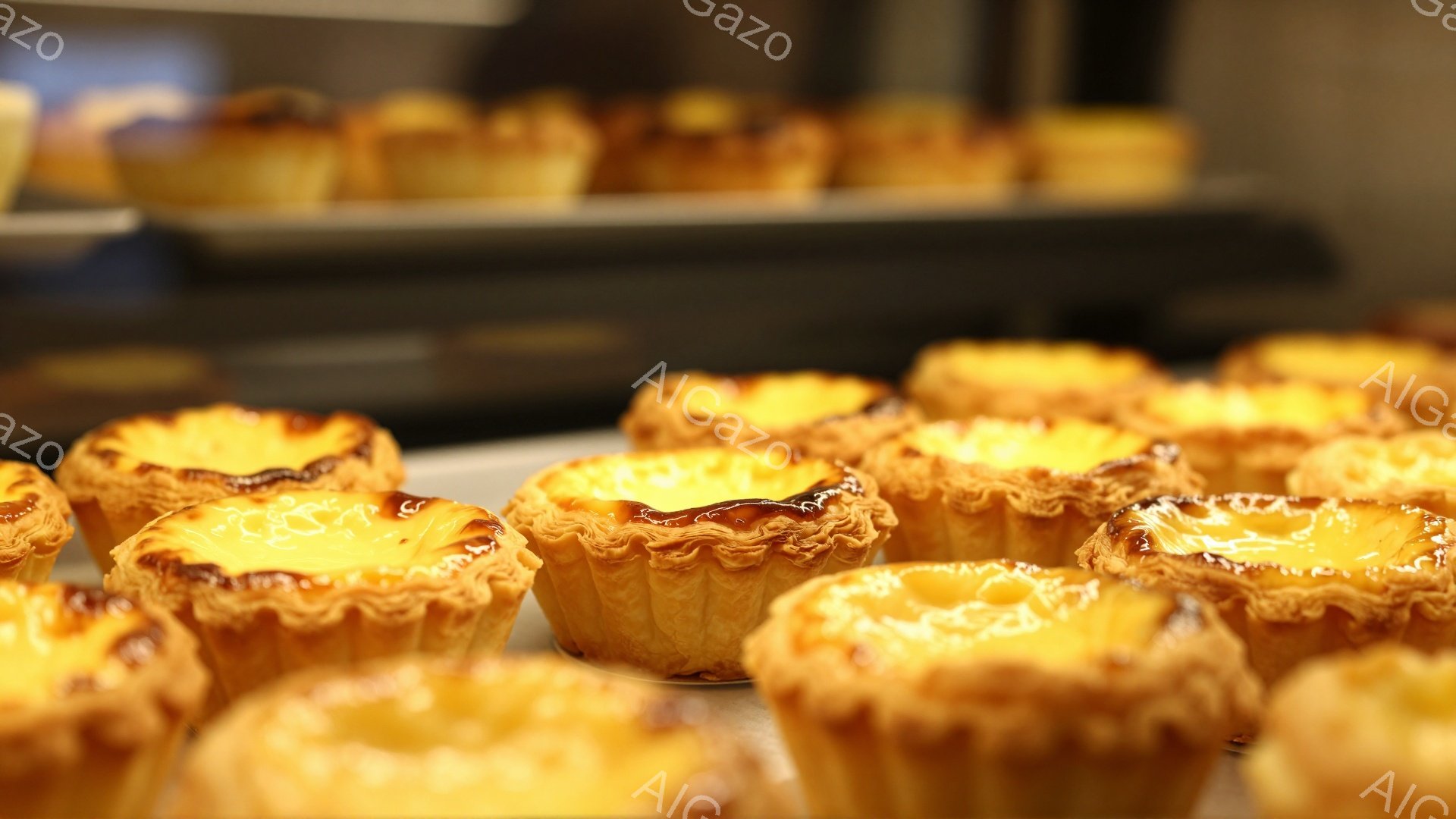 画像は、キャラメルがかかった表面が美しい、たくさんのエッグタルトが並べられている様子を捉えています。タルトは焼き色が濃く、サクサクとした食感が想像できます。背景はぼかされており、タルトが際立っていますが、薄暗い店内の様子が伺えます。