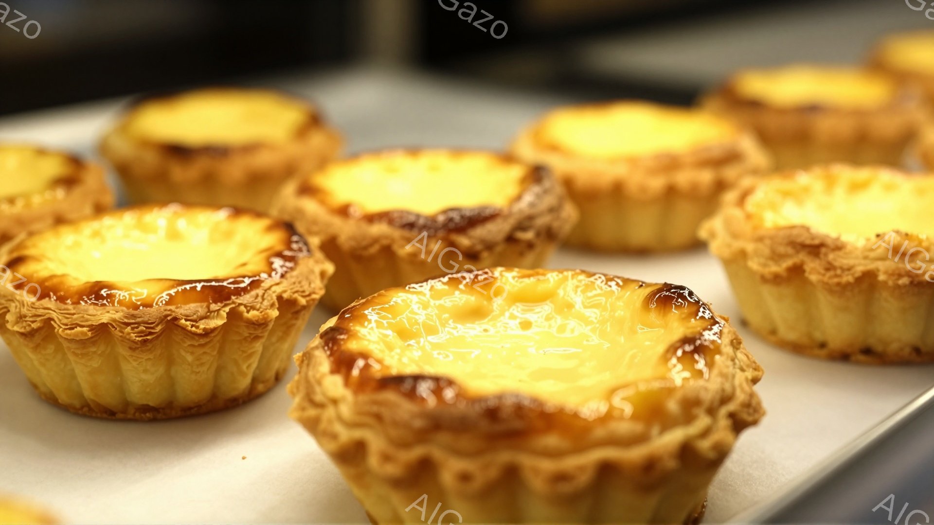 画像には、焦げ目がついた表面を持つ、ポルトガル風のエッグタルトが焼きトレーの上に並んでいます。タルトの生地はサクサクとした食感を想像させ、表面のカラメル化された部分は甘く香ばしい風味を予感させます。全体的に暖色系の色調で、焼きたての美味しさが伝わってくる、食欲をそそる一枚です。