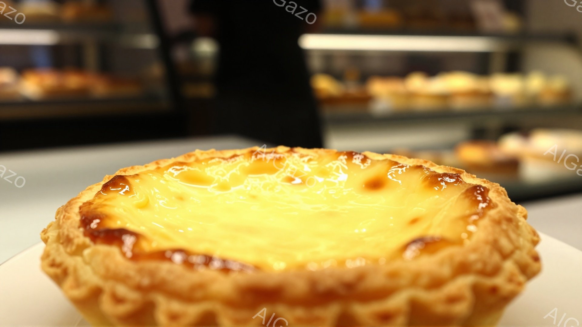 黄金色に輝くエッグタルトが画面中央に大きく配置されている。表面はキャラメリゼされていて、香ばしい匂いが想像される。背景はぼかされたショーケースで、他の焼き菓子が並んでいる様子が見える。