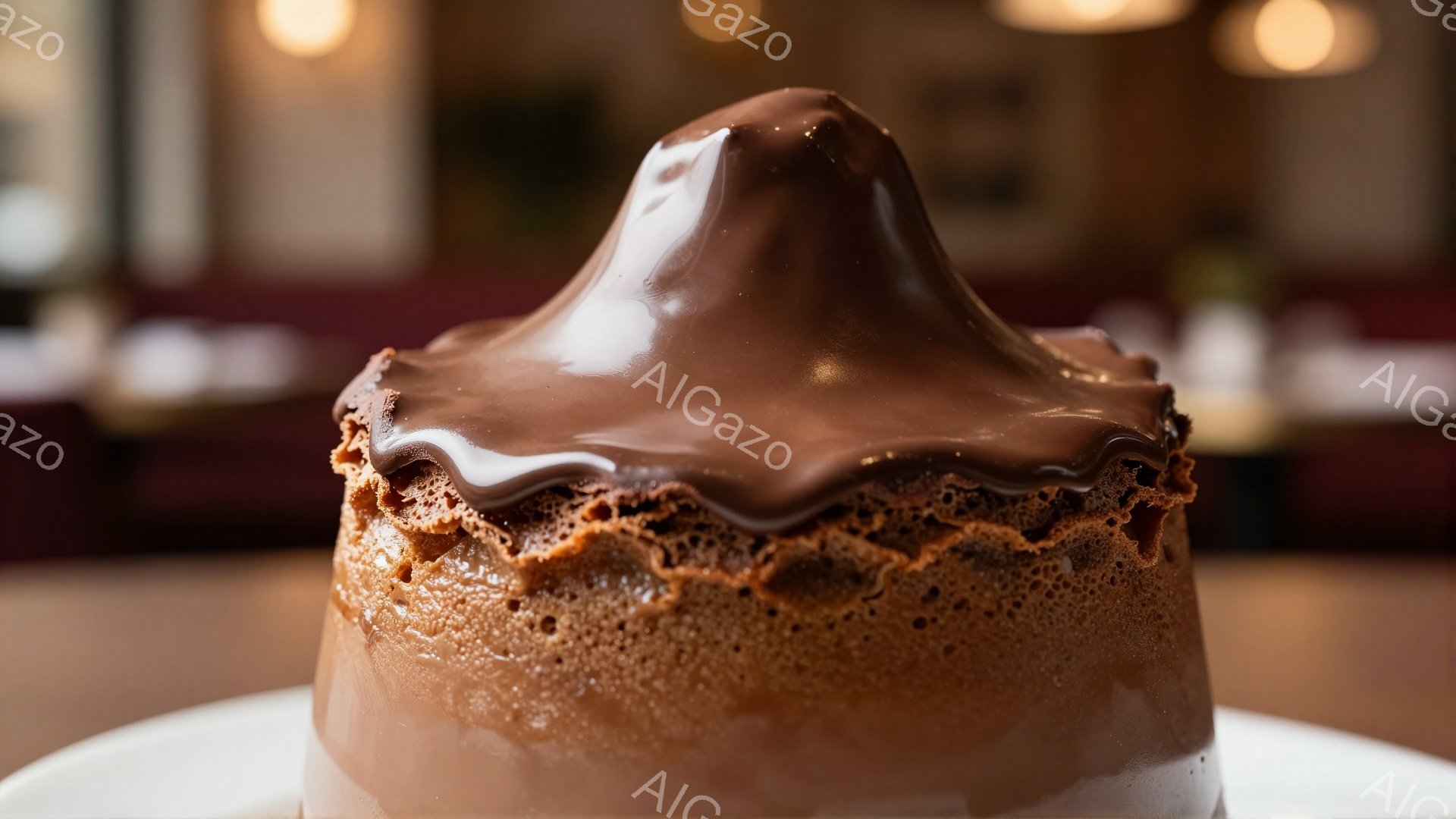 表面に光沢のあるチョコレートソースがかかった、焼きたてのチョコレートラヴァケーキが中央に配置されています。ケーキはふっくらとしていて、表面には細かい気泡が見られ、温かい食感を想像させます。背景はぼかされており、暖色系の照明がケーキをより一層引き立てています。