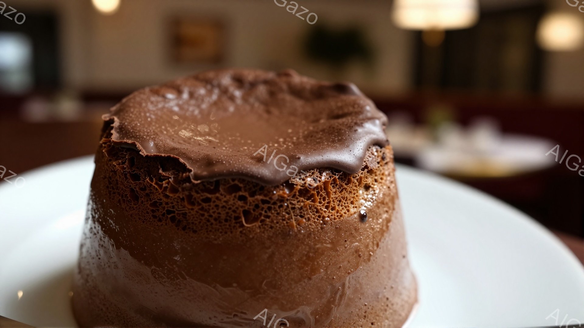 チョコレートフォンデュのような、表面に溶けたチョコレートが流れ落ちた、茶色のケーキが白い皿に載っています。ケーキの表面はスポンジ状で、内部はふっくらとしており、甘くて濃厚なデザートであることがわかります。背景はぼやけており、レストランやカフェのような暖かく落ち着いた雰囲気の室内であることが推測できます。