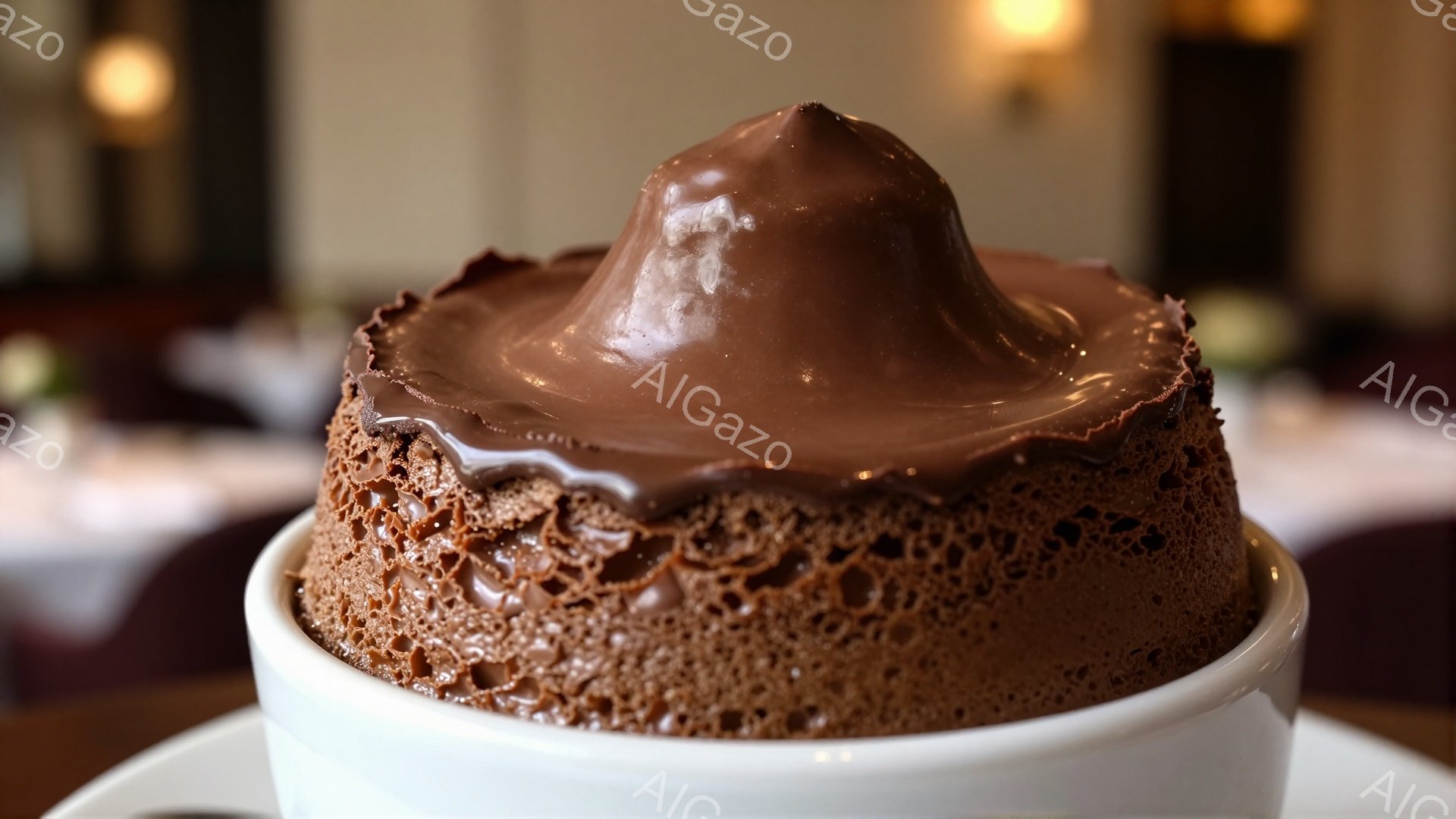 陶器の器に盛られた、表面が溶けたチョコレートソースで覆われた、ふっくらとしたチョコレートケーキが写っている。ケーキの生地は気泡が多く、外側は少し焦げ目がついており、濃厚なチョコレートの風味を想像させる。背景には、他のテーブルと椅子が見え、落ち着いた雰囲気のカフェまたはレストランの一室であることがわかる。