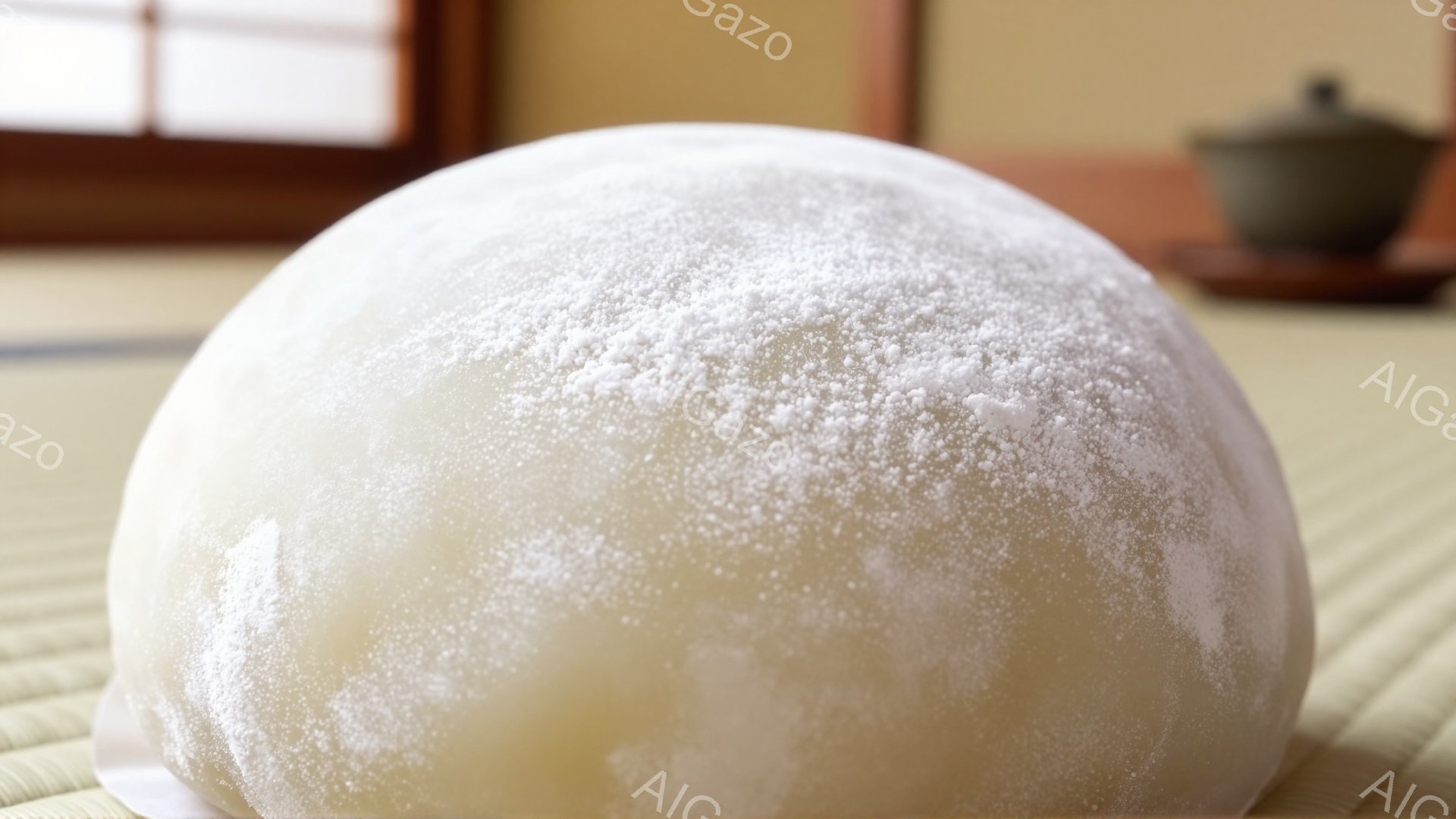 画像は、白く粉をまぶした、丸い日本の和菓子、おそらく白玉団子をクローズアップしたものです。背景には畳の床が見え、奥には茶色の盆に置かれた茶器がぼんやりと映っています。全体的に、和やかな、伝統的な日本文化の雰囲気が漂っています。