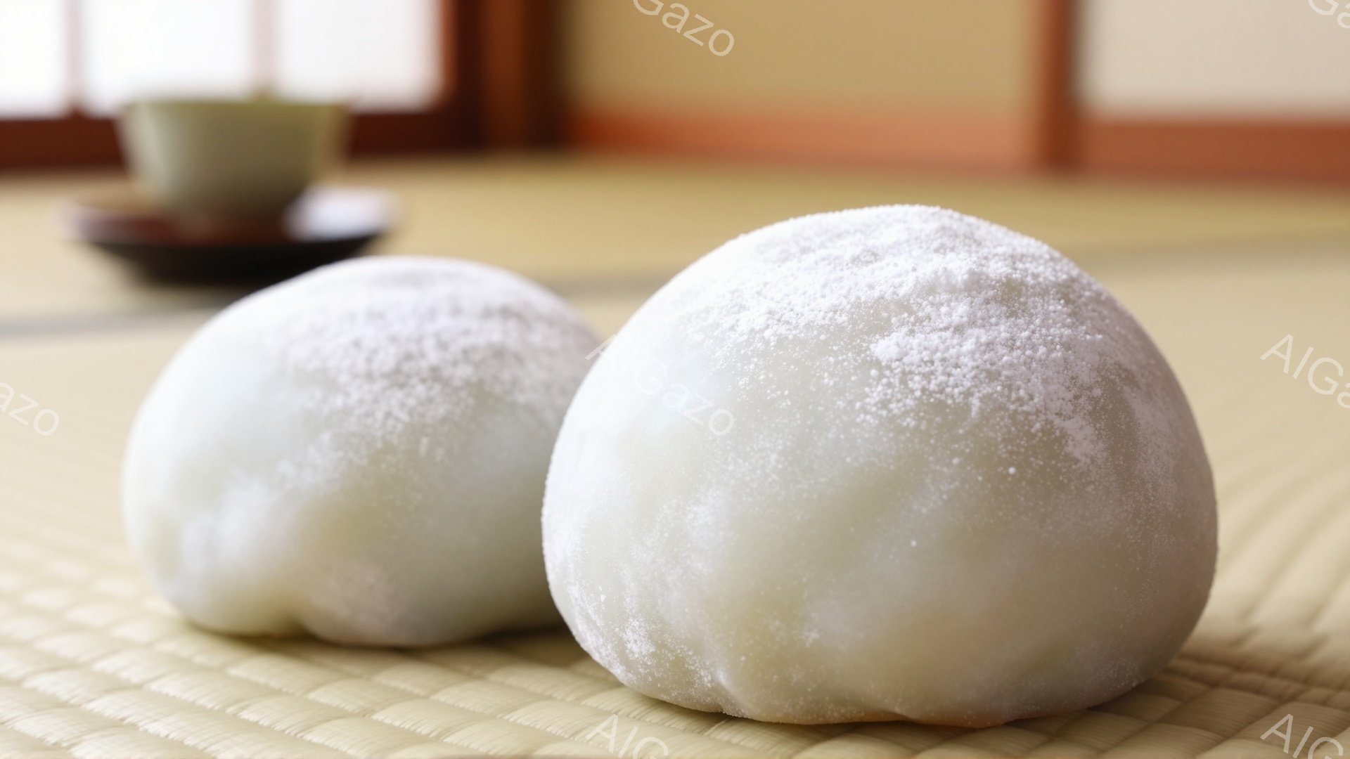 白玉団子が畳の上に二つ並んでいます。団子は白く、表面に薄い粉がまぶされており、柔らかそうな印象を与えます。背景には、わずかに茶碗が見え、和の落ち着いた雰囲気を醸し出しています。
