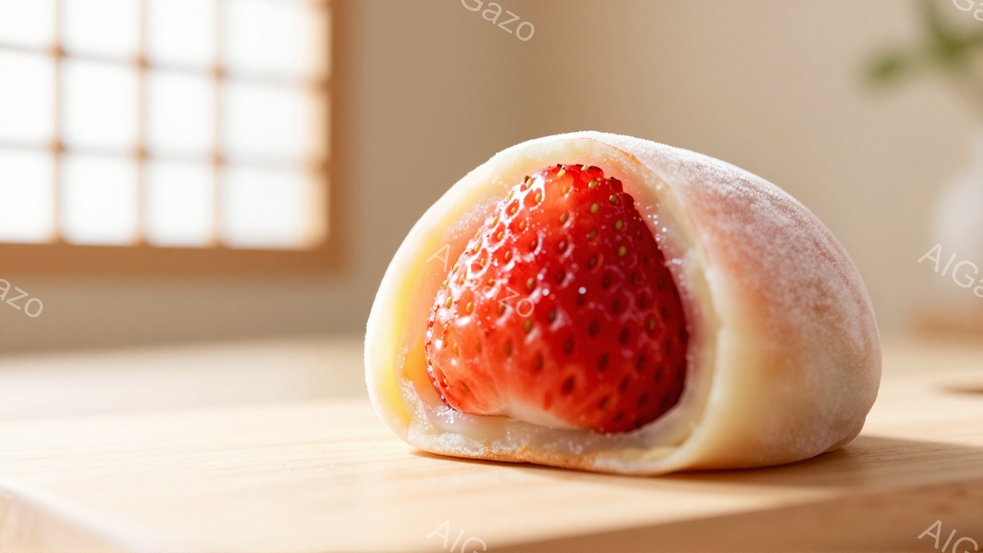 白玉のような淡い黄色の生地で、鮮やかな赤色のいちごが包まれた和菓子が、木製のテーブルの上に置かれています。生地には薄く砂糖のようなものがまぶされており、光を受けてほのかに輝いています。背景にはぼやけた窓枠が見え、全体的に柔らかく、上品な雰囲気を醸し出しています。