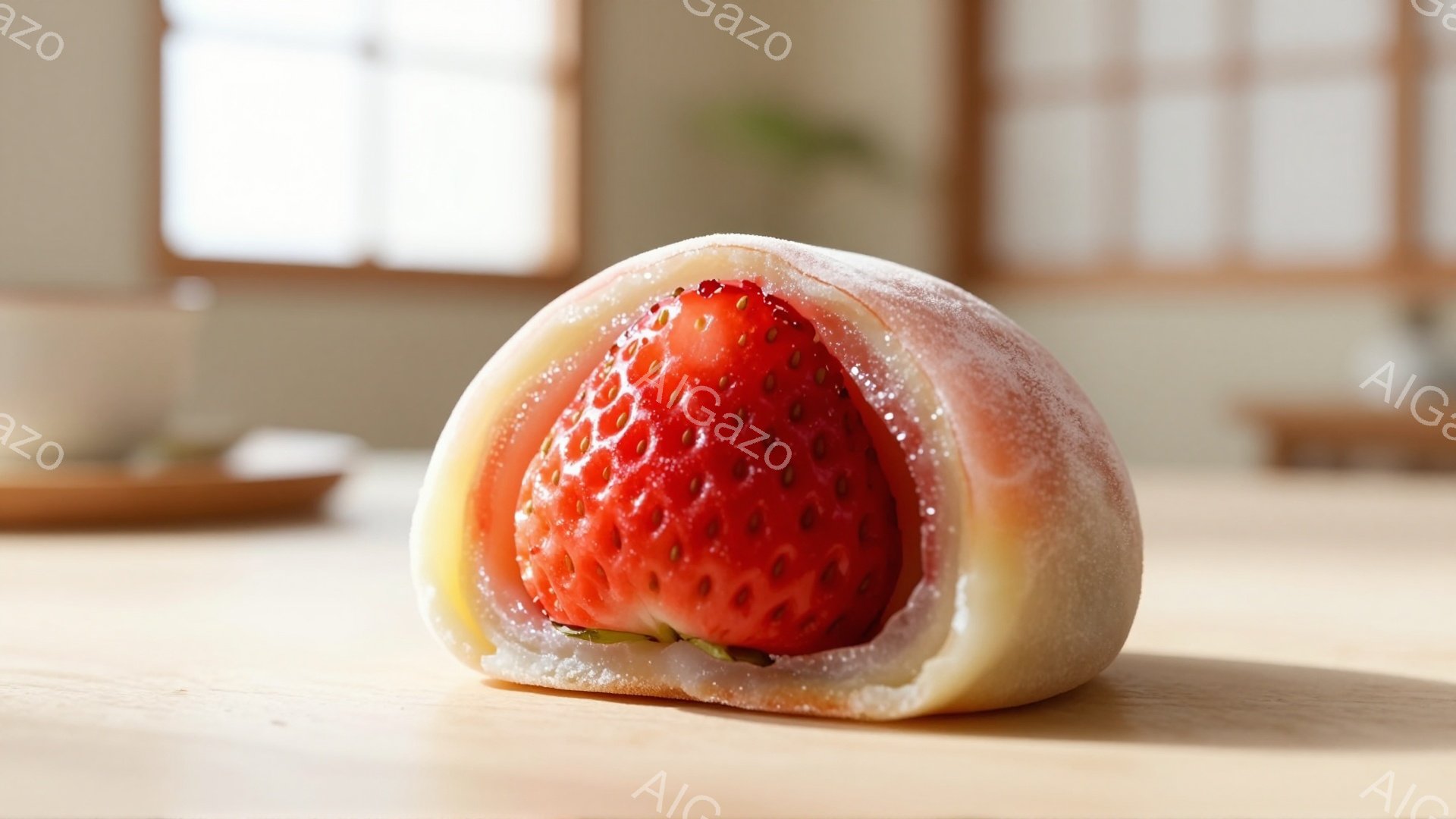 鮮やかな赤いイチゴが、白く柔らかい生地で包まれた大福が、木製のテーブルの上に置かれています。イチゴの表面には種が見え、ジューシーで甘い様子が伝わってきます。背景はぼかされており、自然光が差し込み、温かく穏やかな雰囲気を醸し出しています。