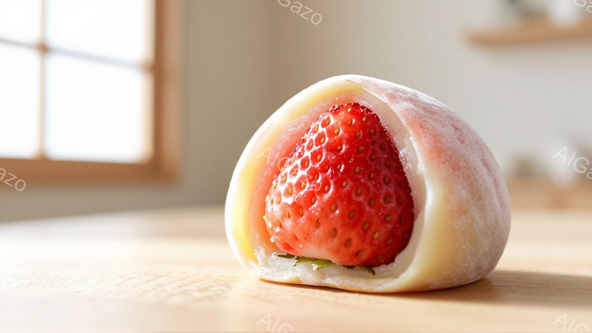 鮮やかな赤いイチゴが、白く柔らかい餅で包まれています。イチゴの表面には種が細かく並び、瑞々しさを感じさせます。背景には木製のテーブルと窓が見え、温かく穏やかな雰囲気を醸し出しています。