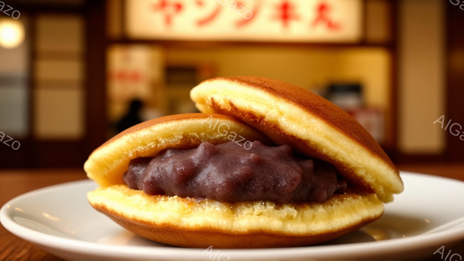 白い皿の上に、あんこの挟まれたたい焼きが置かれています。たい焼きは黄金色で、ふっくらとしており、熱々のご飯のような香りが漂ってくるようです。背景にはぼやけた和風の建物が見え、落ち着いた温かい雰囲気を醸し出しています。