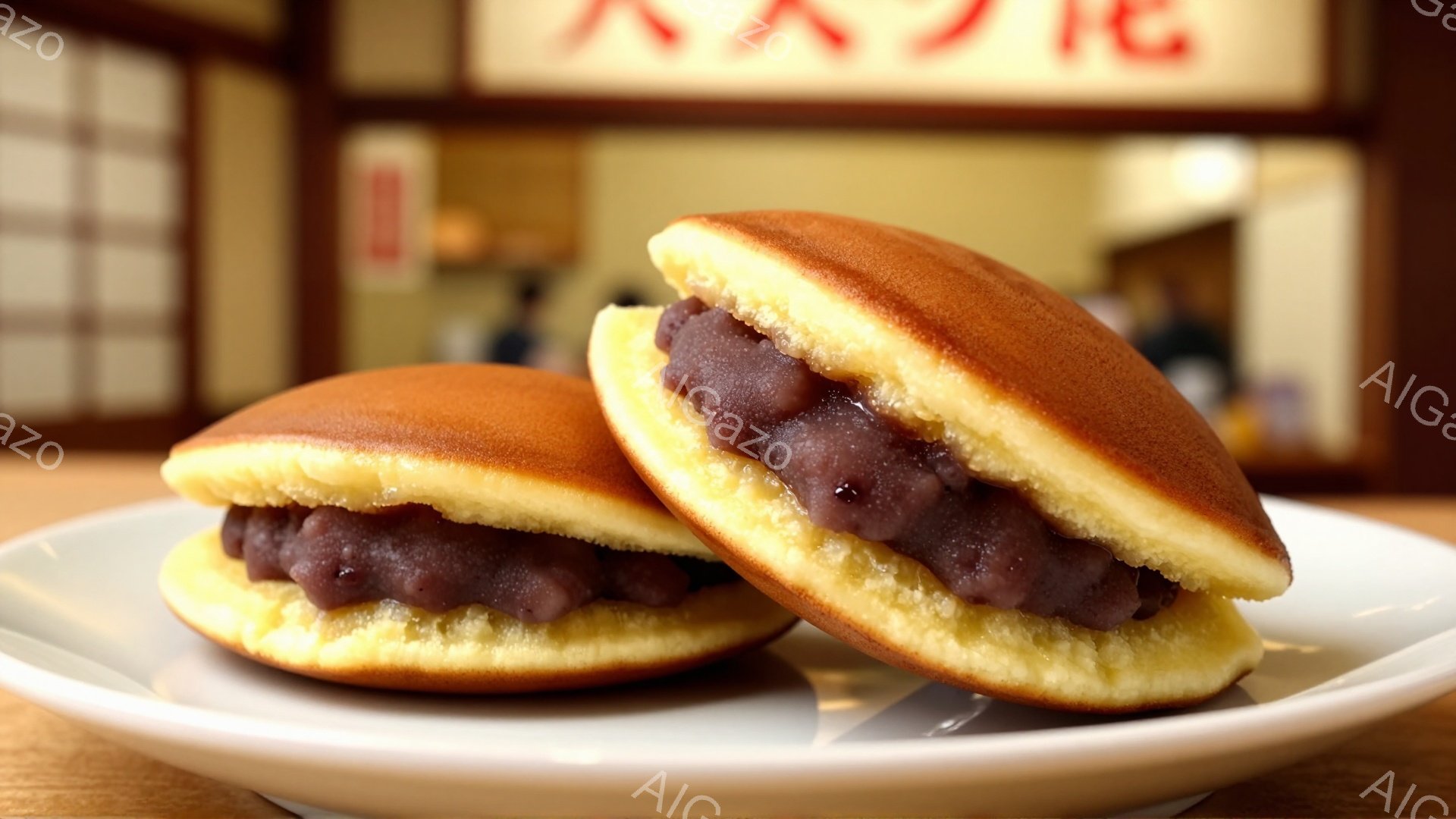 白い皿の上に、あんこの入った二つの回転焼きが並んでいます。焼き色は薄く、ふっくらとした形をしています。背景にはぼやけた店舗の一部が見え、暖かく親しみやすい雰囲気を醸し出しています。 - AI生成フリー素材