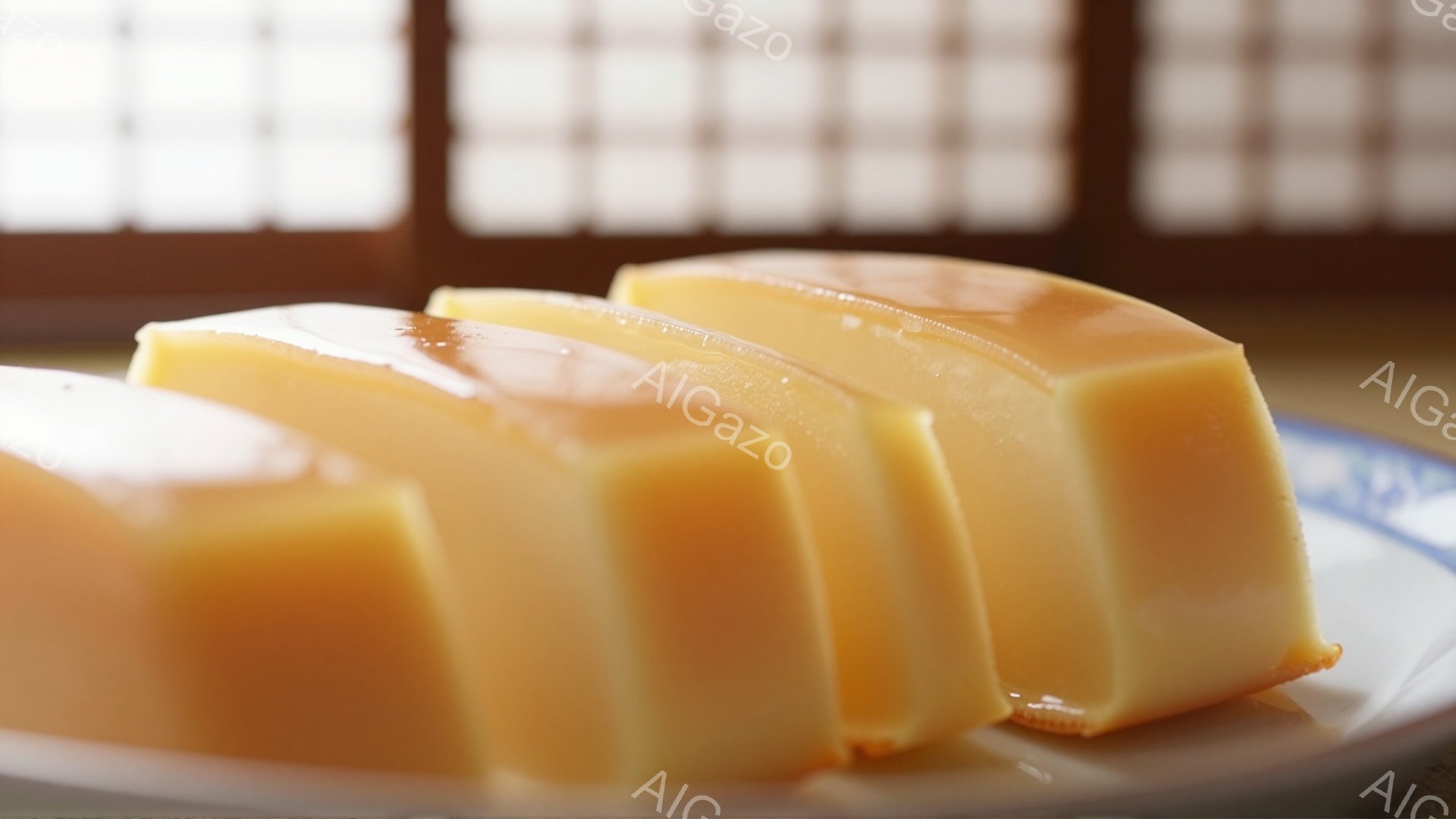 滑らかなカラメルプリンが皿の上に並べられています。プリンは明るいクリーム色で、表面には美しいカラメルソースがかかっています。背景には木製の格子窓があり、落ち着いた暖かさのある雰囲気を醸し出しています。 - AI生成フリー素材
