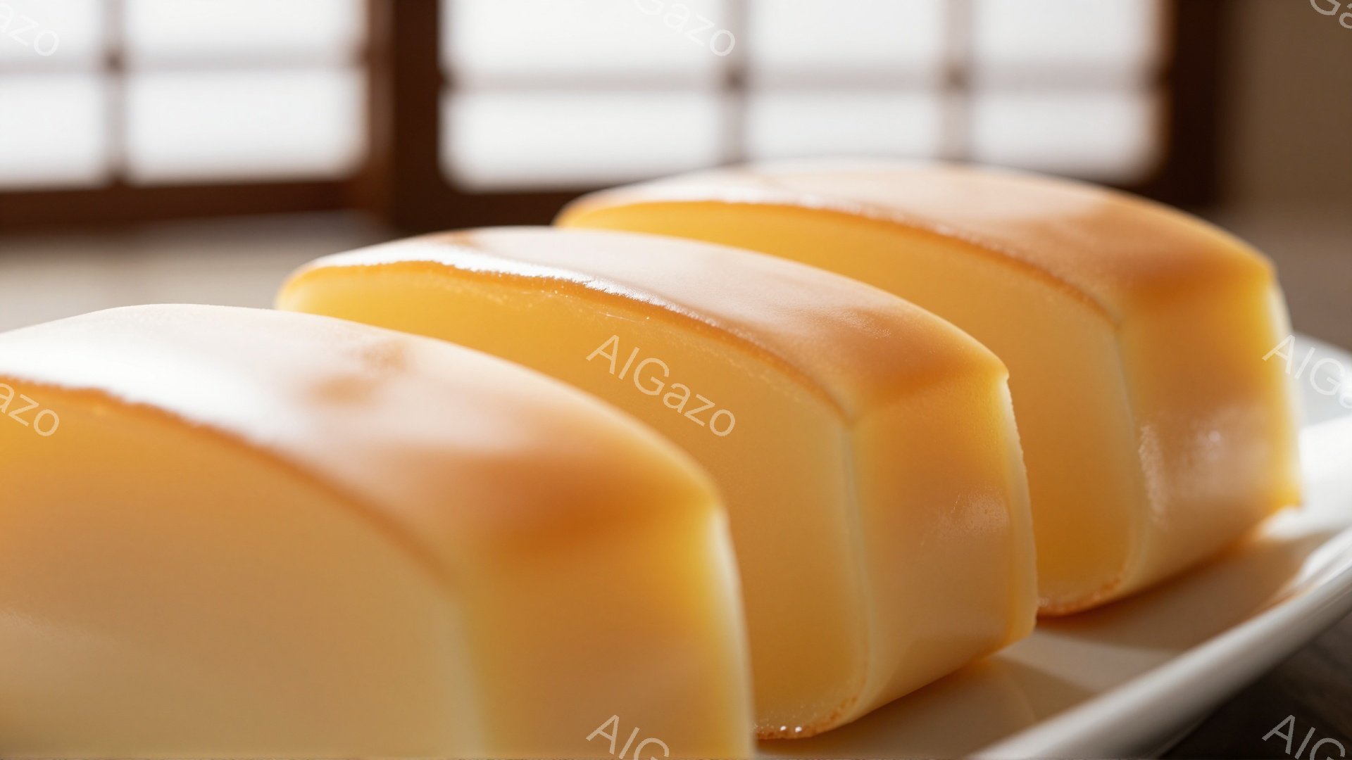 白い皿の上に、カラメルがかかったプリンが4つ並んでいる。プリンは表面が滑らかで、茶色いカラメルソースが美しく輝いている。背景にはぼやけた窓枠が見え、暖かく優しい雰囲気を醸し出している。