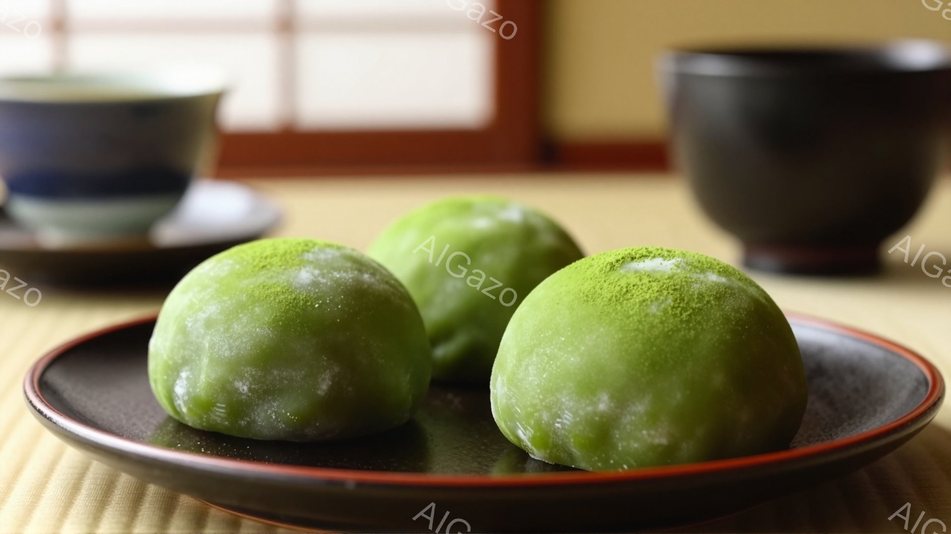 抹茶色の水饅頭が三つ、濃い茶色の皿に並べられています。背景には畳の座敷と、茶色の湯呑みがぼんやりと見え、落ち着いた和の雰囲気が漂います。水饅頭の表面には薄い粉がまぶされ、上品な甘さを予感させます。 - AI生成フリー素材