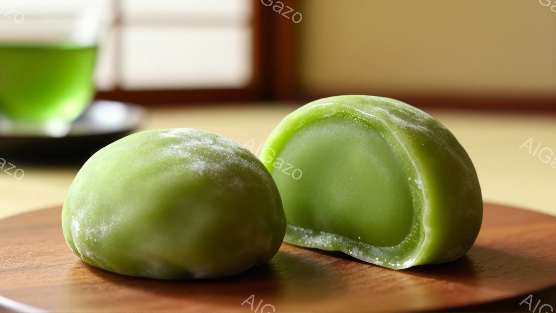 鮮やかな緑色の水玉が、茶色の木製プレートの上に置かれています。一つは丸い形で、もう一つは半分に割れて中身が見えています。背景にはぼやけた緑色の茶碗と、障子のようなものがわずかに見え、全体的に落ち着いた和の雰囲気が漂っています。