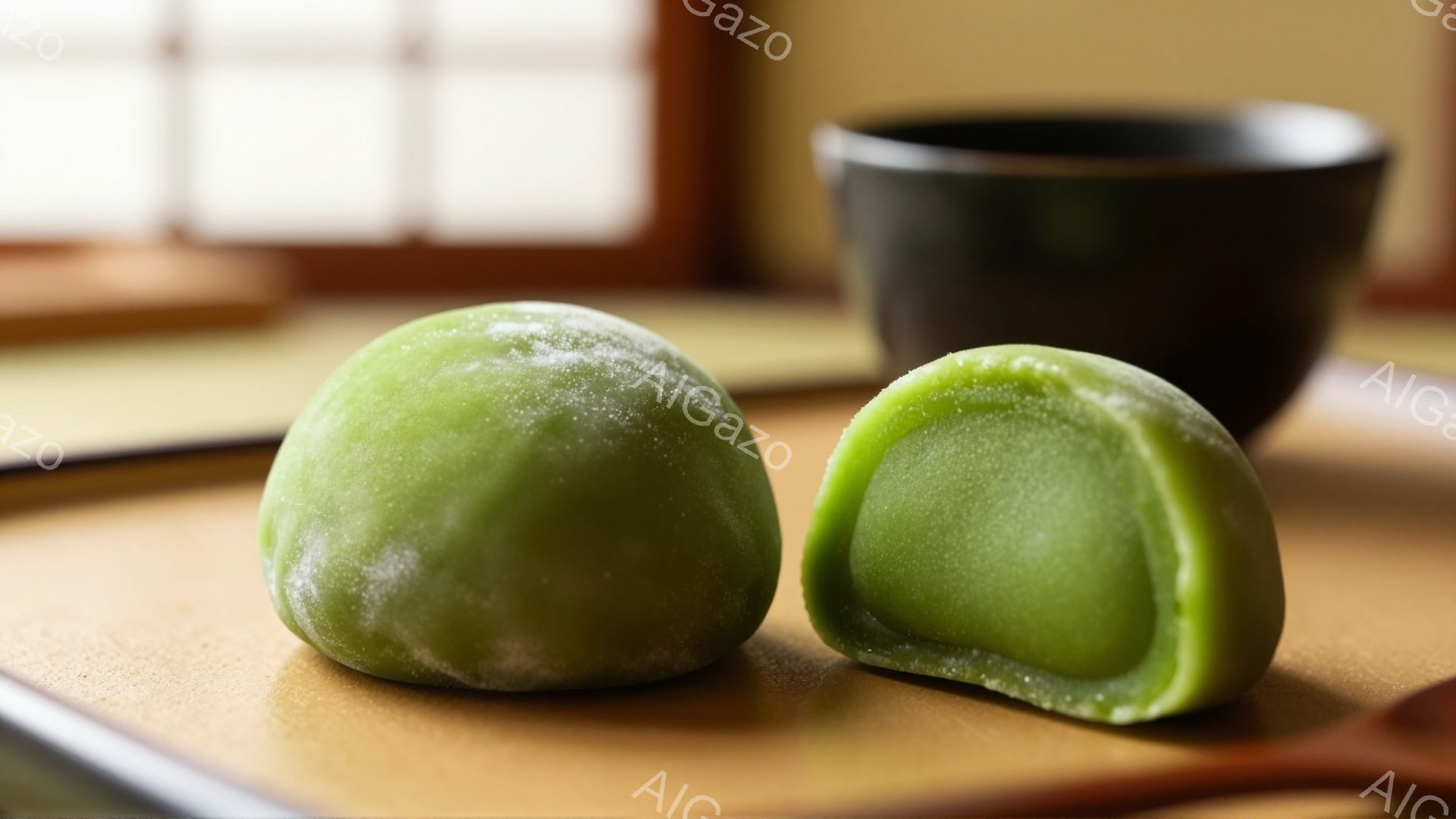 鮮やかな緑色の水菓子、おそらく大福が二つ、画面中央に配置されている。一つは丸く、もう一つは断面が露出し、中の餡が見える。背景には、ぼやけた茶色の茶碗と、木目が見える台が見え、落ち着いた和の雰囲気が漂っている。