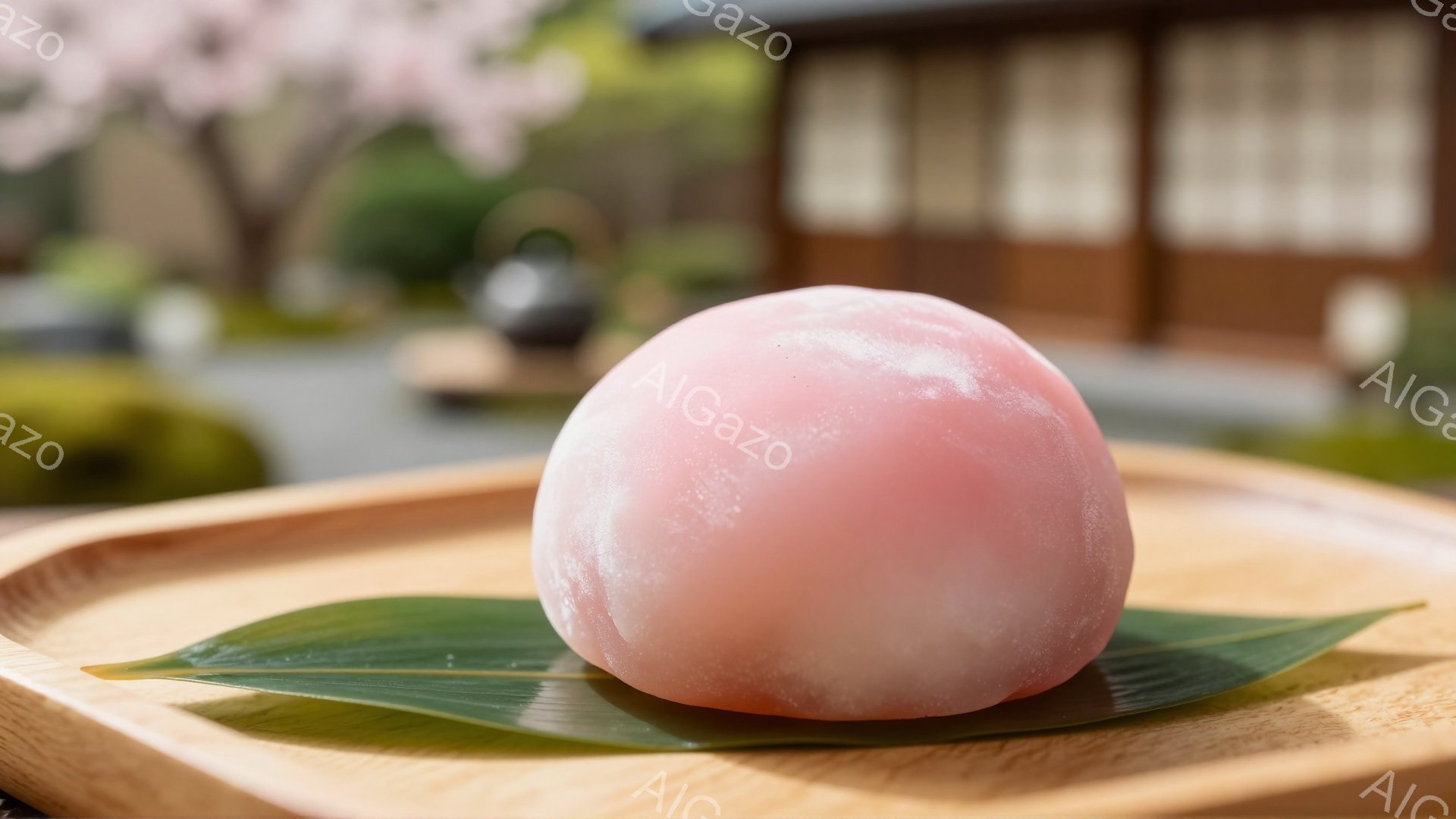 薄桃色の水菓子が、緑の葉の上、木製の盆の上に置かれている。背景にはぼやけた庭園が見え、桜の木と伝統的な日本の建物が春の柔らかな光の中で捉えられている。 全体的に、穏やかで自然な雰囲気が漂い、日本の伝統的な美しさを感じさせる。
