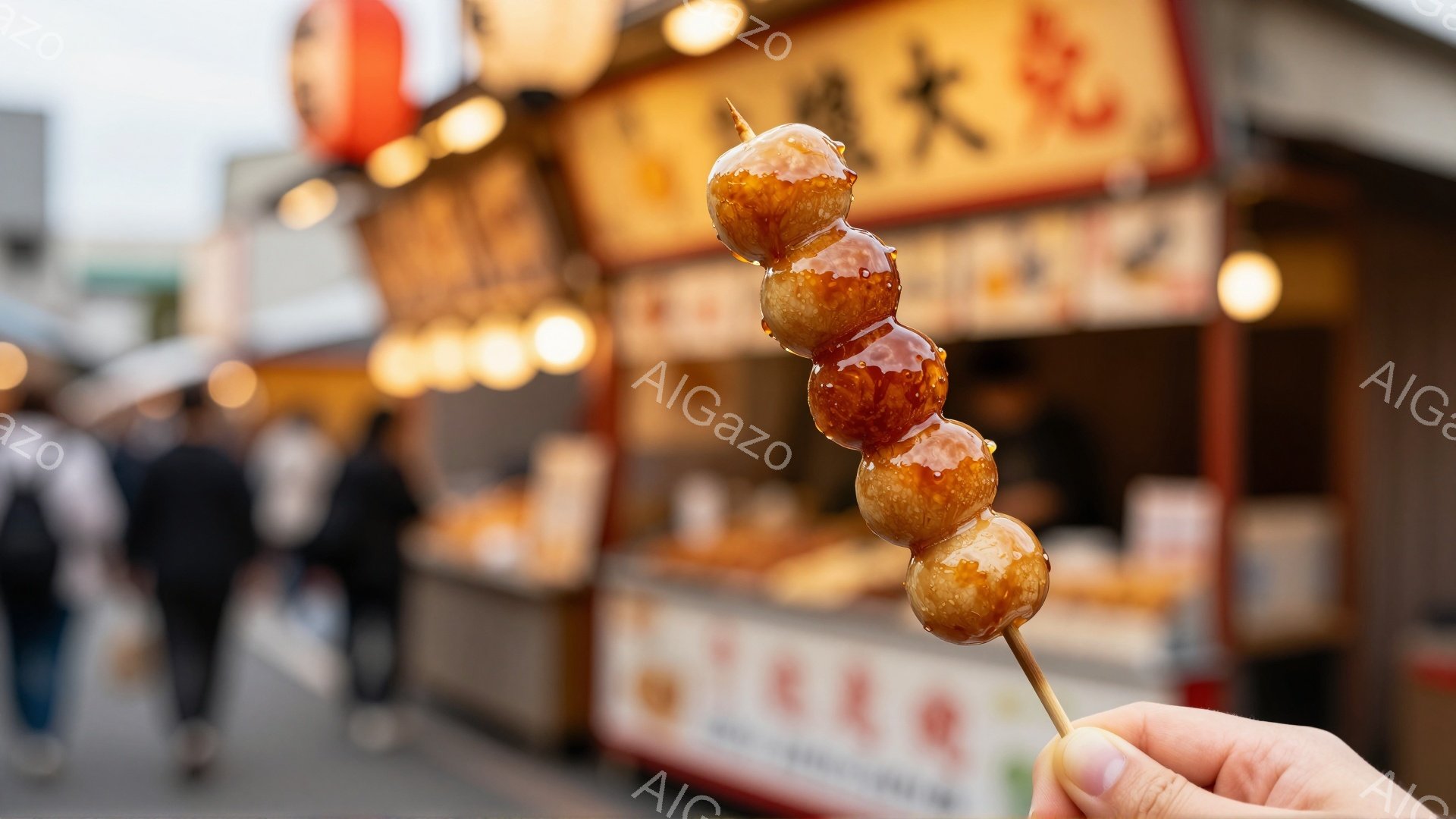 串に刺された団子が手前に大きく写っており、照り照りとしたタレが美味しさを引き立てている。背景には屋台が並び、暖色の照明が灯り、活気あるお祭りの雰囲気が漂っている。人々はぼやけており、屋台の賑わいと団子の美味しさを際立たせている。