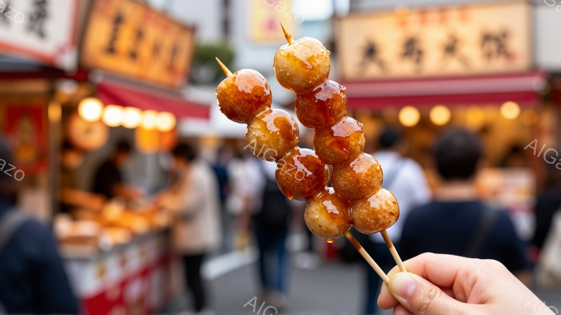 画像には、串に刺されたたこ焼きが手前に大きく写っています。背景には、多くの人々が歩く賑やかな屋台街の様子がぼやけて写っており、赤いテントと看板が並んでいます。全体的に活気があり、お祭りのような暖かい雰囲気が伝わってきます。