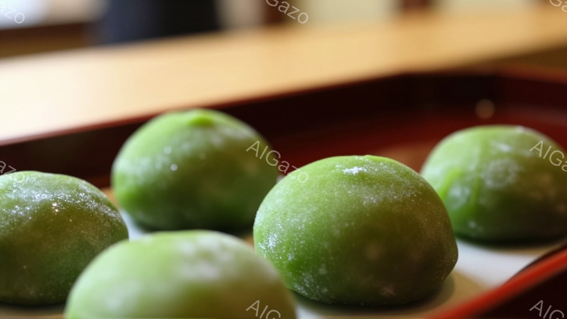 鮮やかな緑色の団子が、白い紙の上、赤色のトレーに並べられています。団子は細かい砂糖で覆われており、ほのかに甘い香りが漂ってきそうです。背景はぼやけていますが、木製のテーブルであることがわかります。