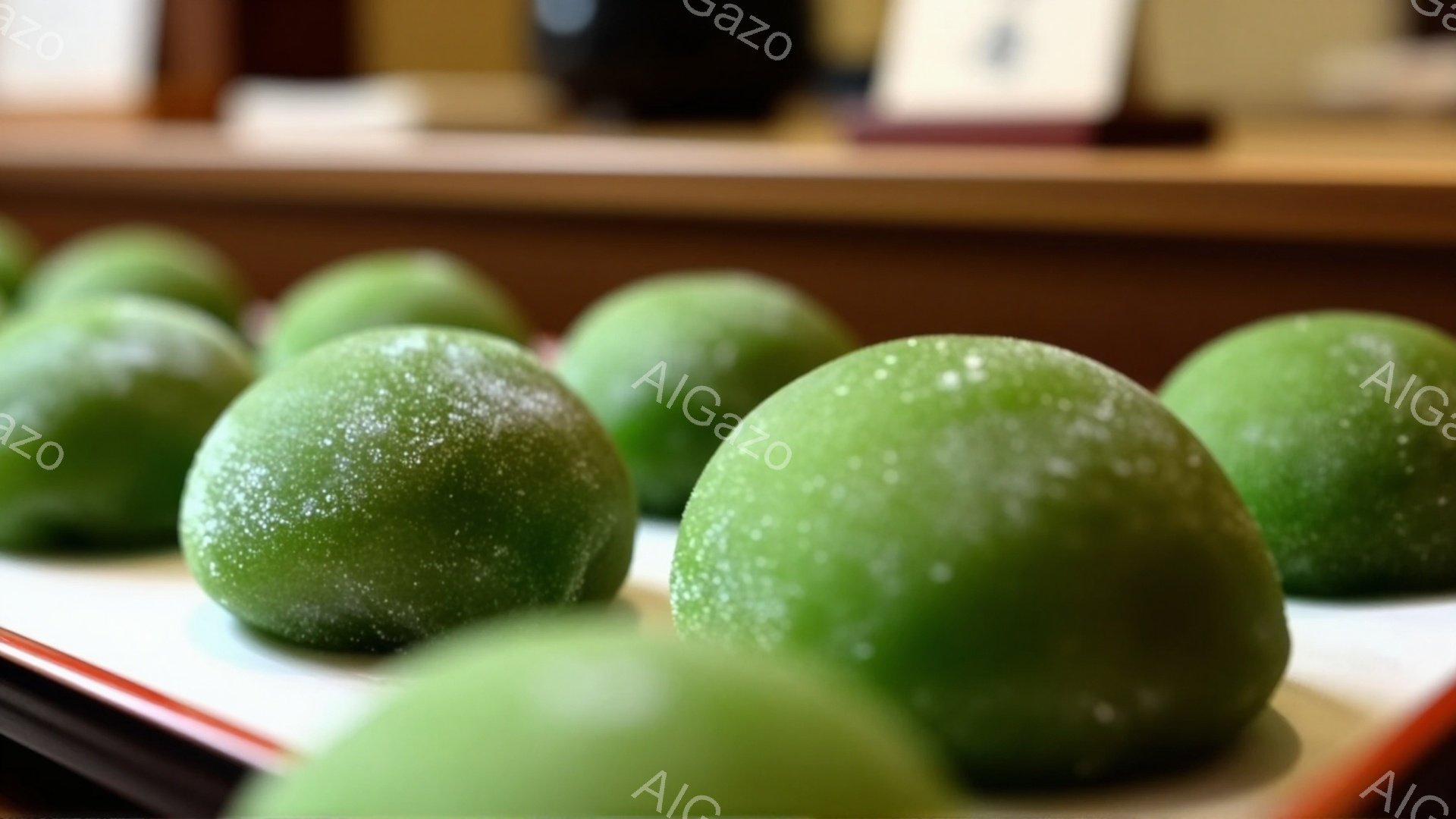 鮮やかな緑色の水玉模様が並べられたお菓子が、白いトレーの上に乗っています。背景は木製の棚で、ぼんやりと他の物が見えます。全体的に、日本の伝統的なお菓子を上品に展示しているような、落ち着いた雰囲気が漂っ - AI生成フリー素材