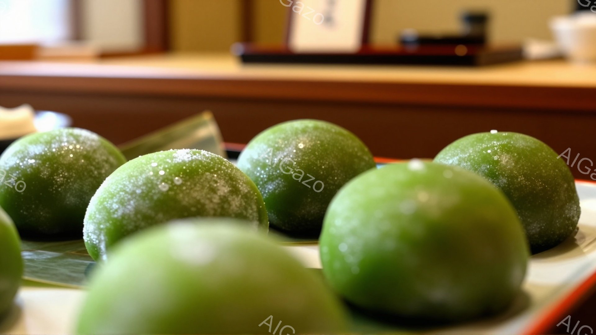 画像には、緑色の砂糖をまぶした和菓子が数個並んでいます。背景はぼやけており、木製の棚のようなものがわずかに見えます。全体的に、静かで落ち着いた雰囲気で、和菓子の繊細さが際立っています。