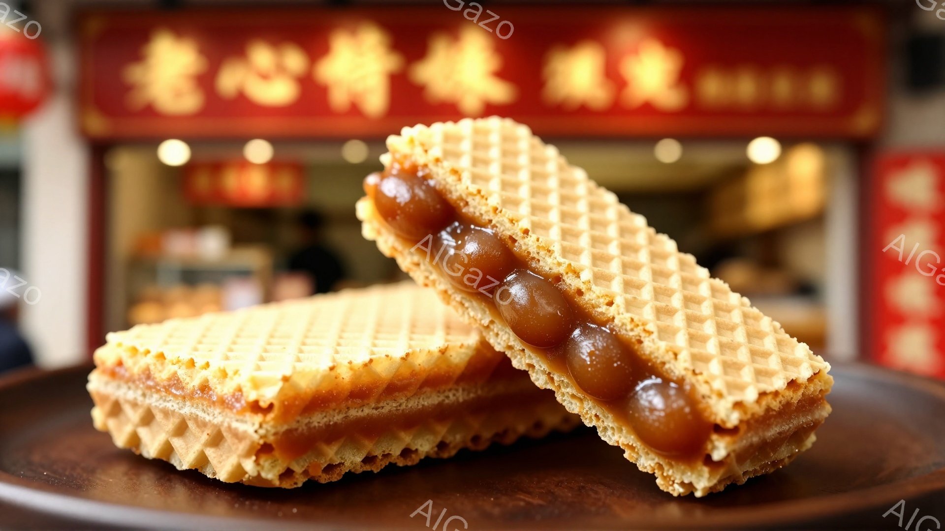 2枚のダッチワッフルが茶色の皿の上に置かれています。片方のワッフルは割れて中からキャラメルとピーナッツのようなものが覗いています。背景には赤い看板があり、何かの店構えのようです。